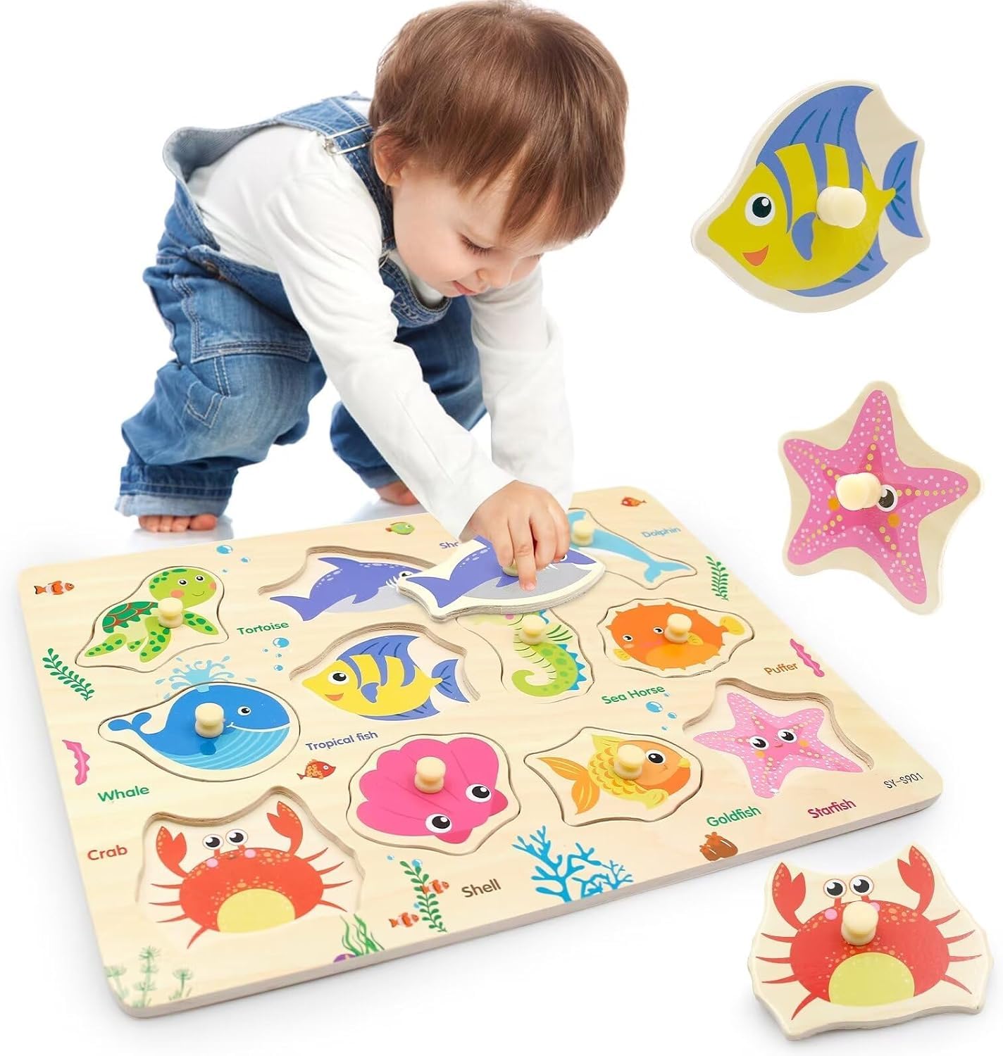 Wooden Puzzles for 3 Year Old, Chunky Peg Toddler Puzzle, Montessori Toys with Safe Non-Toxic Animal Theme, Educational Gift for Boys Girls Age 2-4 (Ocean)
