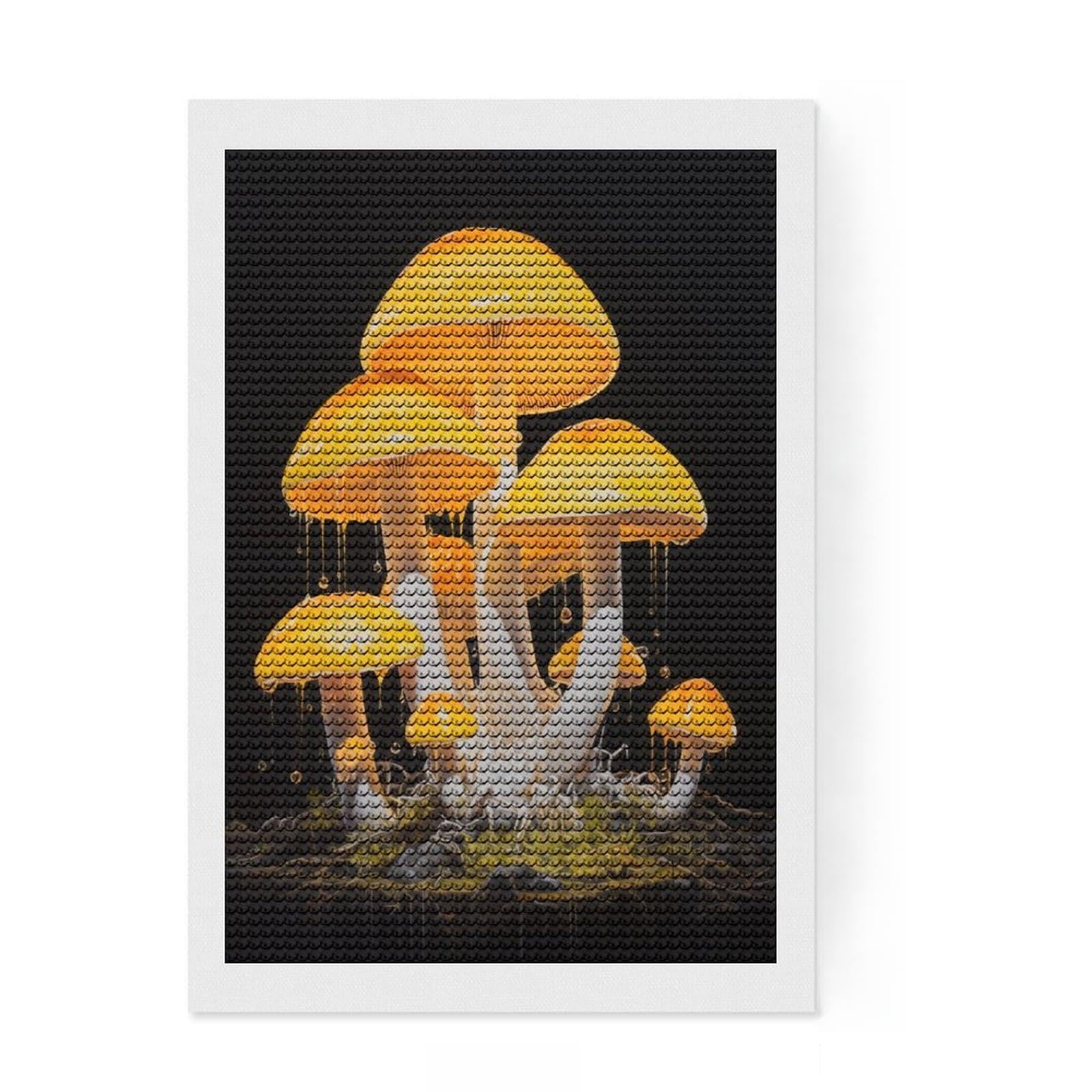 Junmoney Mushrooms in Yellow Diamond Art Kit 8"x12", Mindful Craft Activity, Office Decor, for Creative Relaxation, Thoughtful Handmade Gift