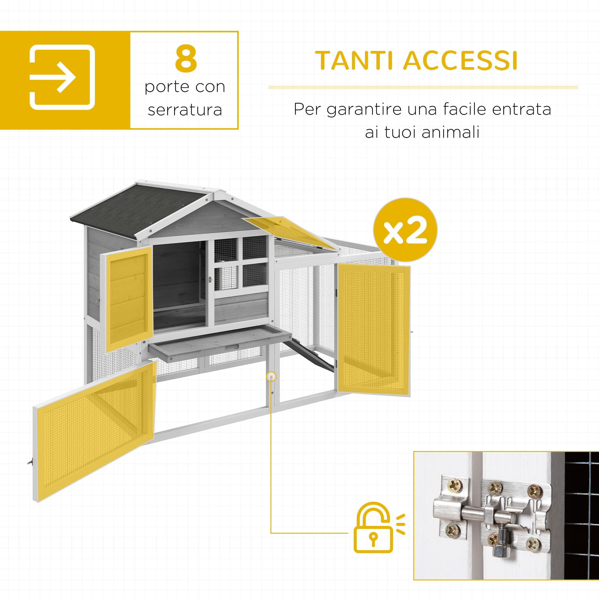 PawHut Conigliera in Legno da Esterno con 2 Casette 259x64x92 cm Grigia | Area Aperta Recintata, Porte, Rampe