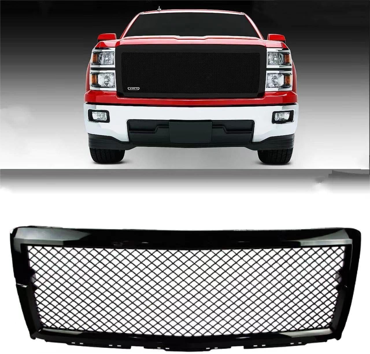 Car Front Grill, Automotive Bumper Replacement Gloss Black Mesh Grille Guards for 2014-2015 Silverado 1500