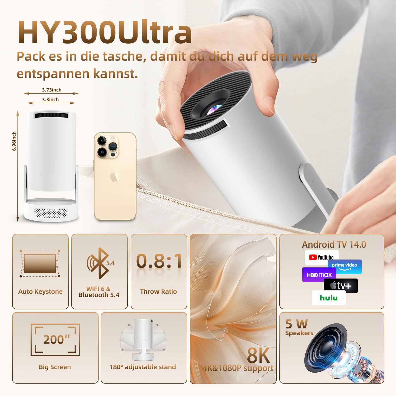 Mini proiettore 4K supportato, correzione trapezoidale auto con WiFi 6 BT, proiettore intelligente 4K FHD 1080P supporta Android 11.0, proiettore cellulare piccolo per esterni, girevole a 180°