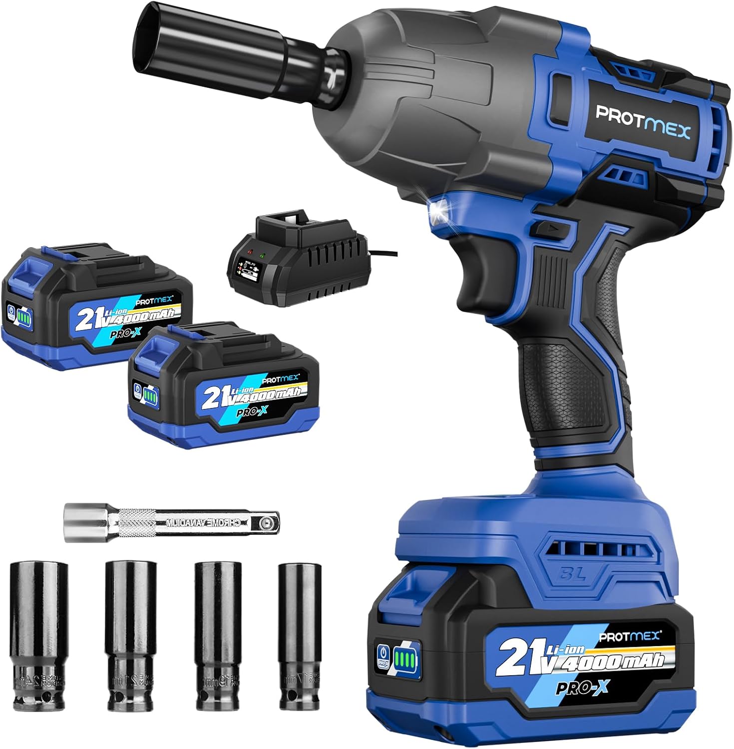 Protmex 900Ft-lbs (1200N.m) Impact Wrench, 1/2" Cordless Impact Gun, 21V High Torque Brushless Impact Driver, 2x4.0Ah Batteries Electric Impact Motor Variable Speeds for Car/Pickup Truck/Mower, Blue