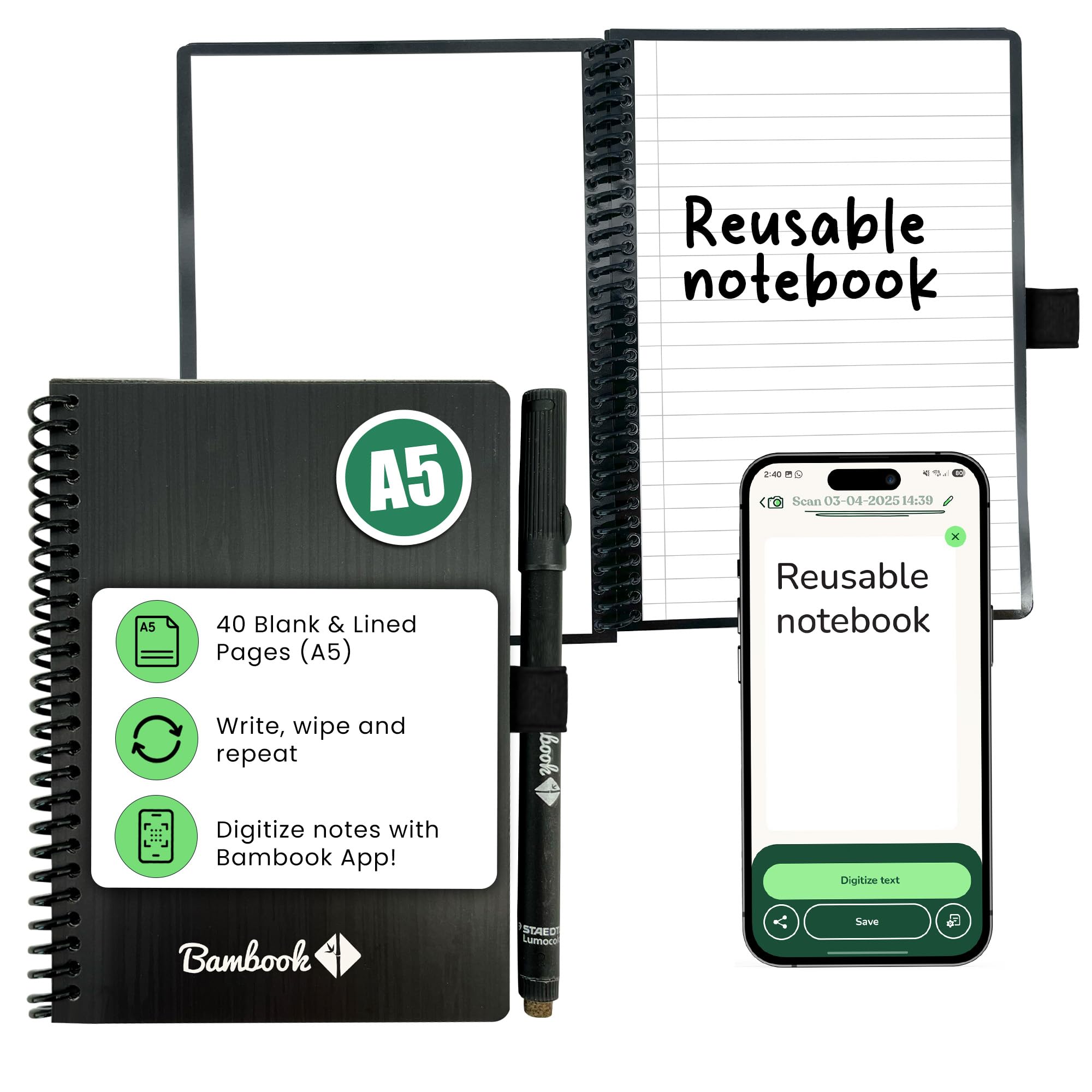 BAMBOOK Classic - Reusable Notebook - Original - A5 - Blank & Lined - Rewritable Notebook, Dry Erase Board Notebook, Whiteboard Notebook, Erasable Notebook - Includes Free Pen App — image 1
