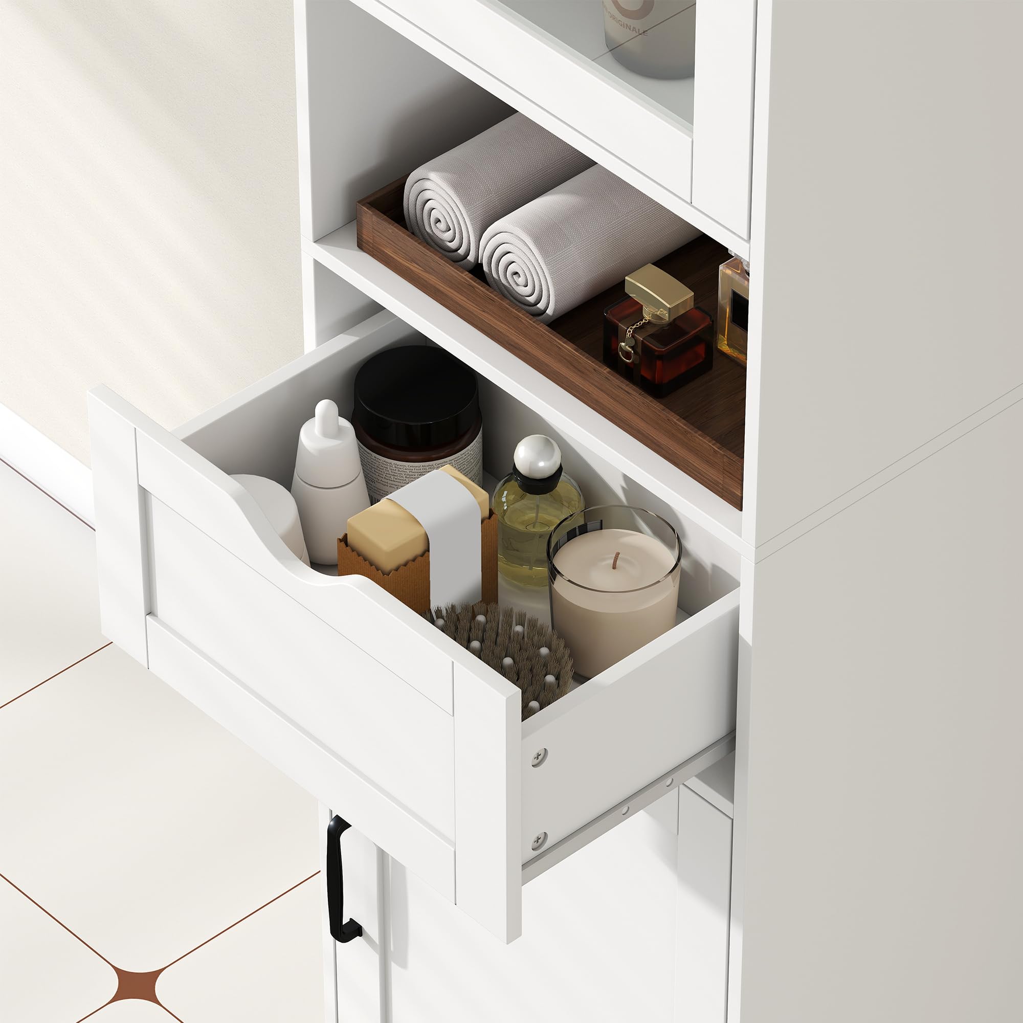 HOMCOM Armario de Baño Alto, Mueble Auxiliar de Baño con Puerta de Vidrio, Estantes Ajustables, Cajón, Estante Abierto, Columna Estrecha para Espacios Pequeños, 40x30x165 cm, Blanco