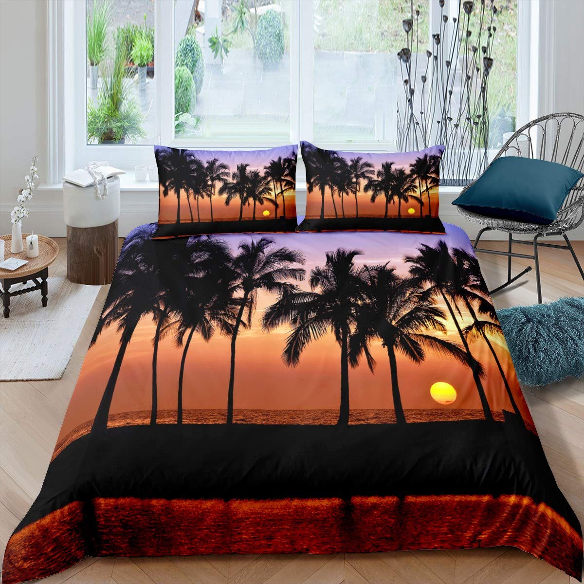 Palm Trees Comforter Cover Sunset Duvet Cover Hawaii Room Decor Bedding Set For Kids Boys Girls Teens With Zipper Closure (1 Duvet Cover 2 Pillow Cases),Super King Size โ image 1