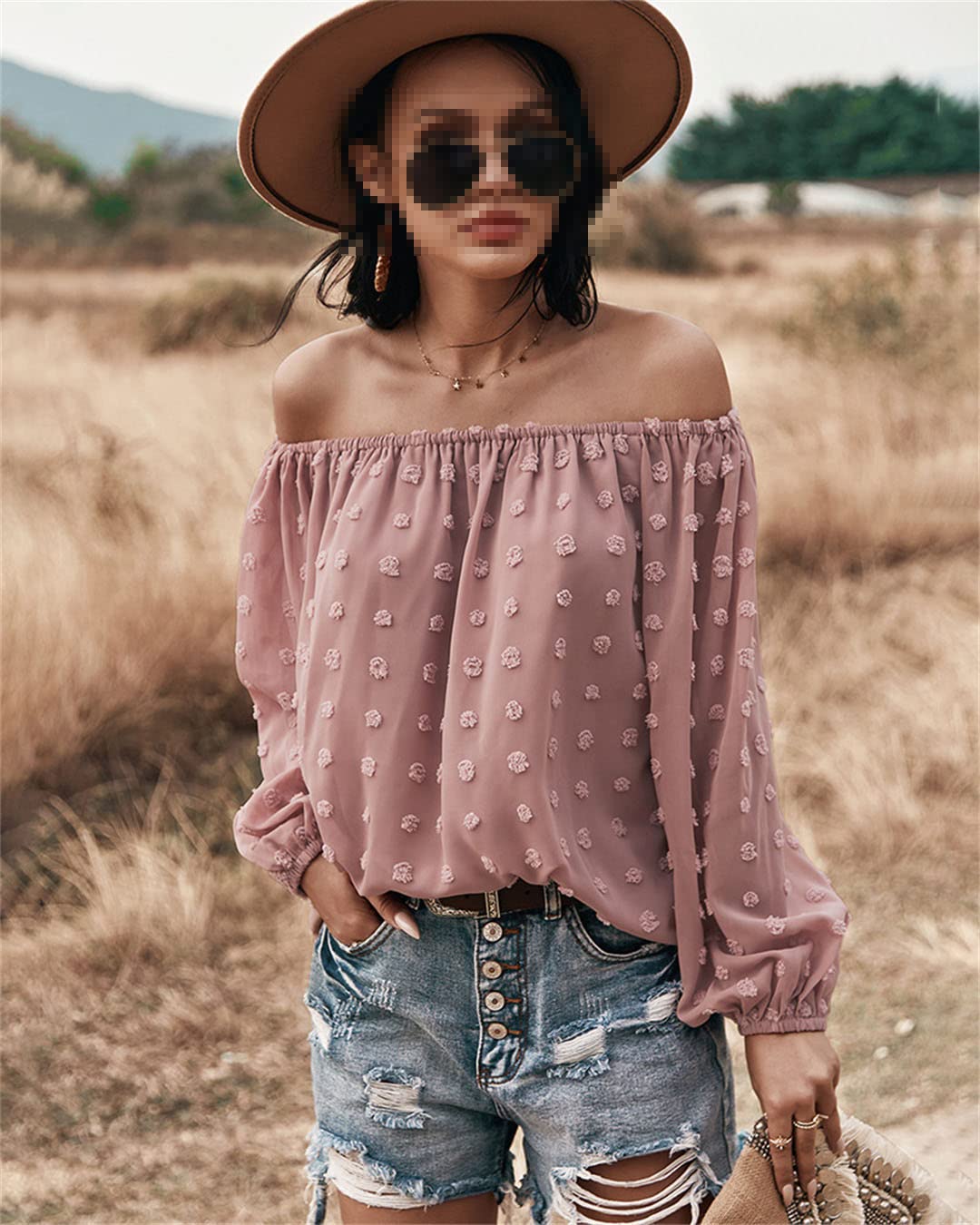 Camicette da Donna in Chiffon con Spalle Scoperte Camicetta a Pois svizzeri a Maniche Lunghe Camicette Casual Larghe con Maniche a Campana