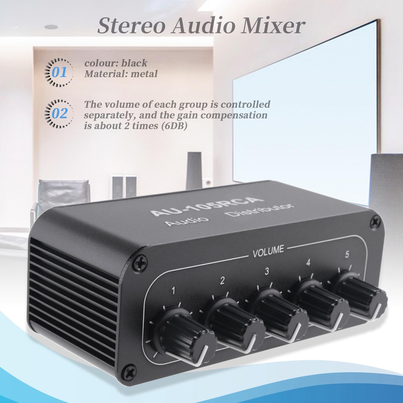 Mixer Audio SteReo 1 Input 5 Uscite Distributore Multicanale Interfaccia per Amplificatori di Potenza