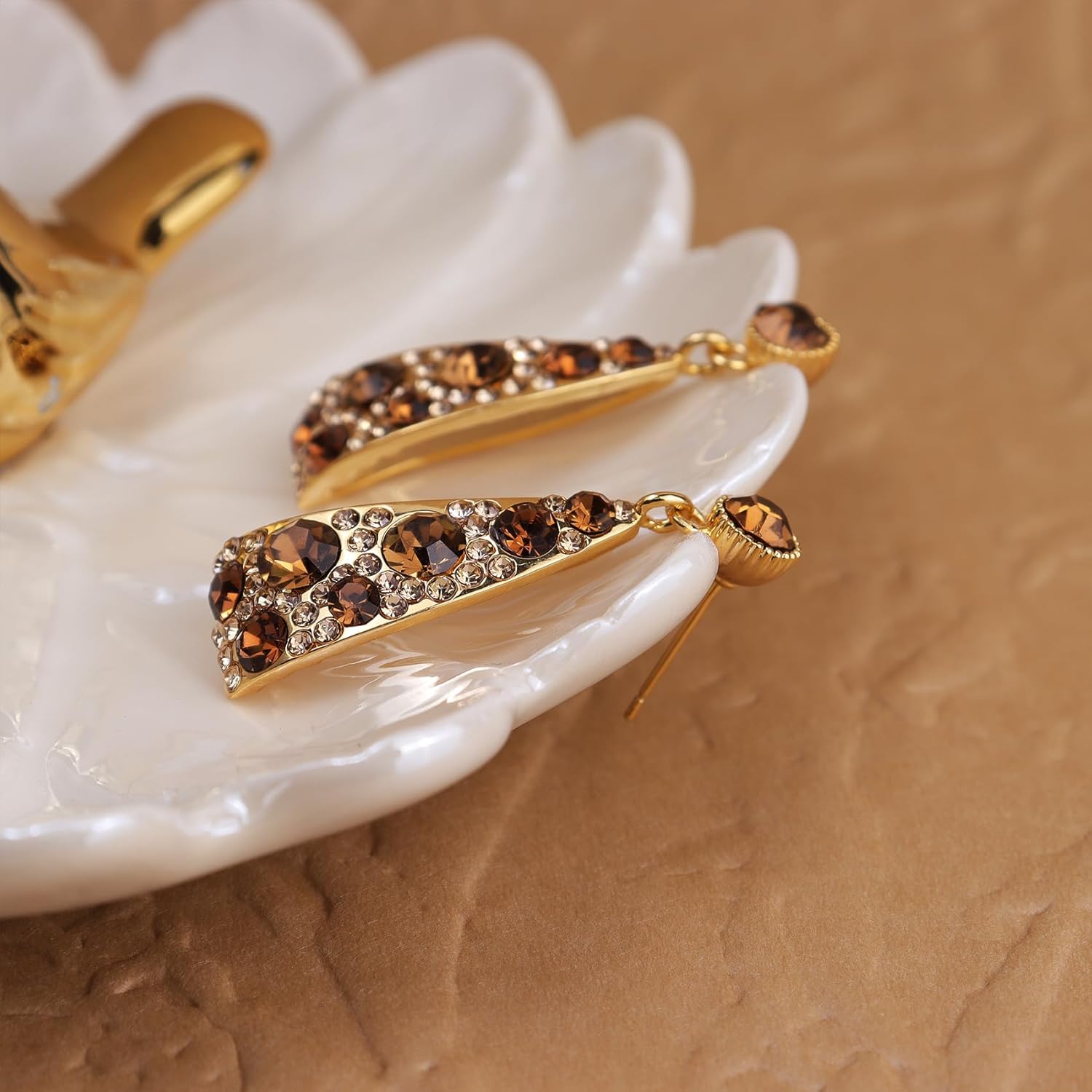 JeanBeau Gold Chunky Geometric Hoop Dangle Drop Earrings for Women, Large Statement Brown Rhinestone Circle Round Earing Dangling Prom Wedding Fashion Jewelry Gift. - Image 5