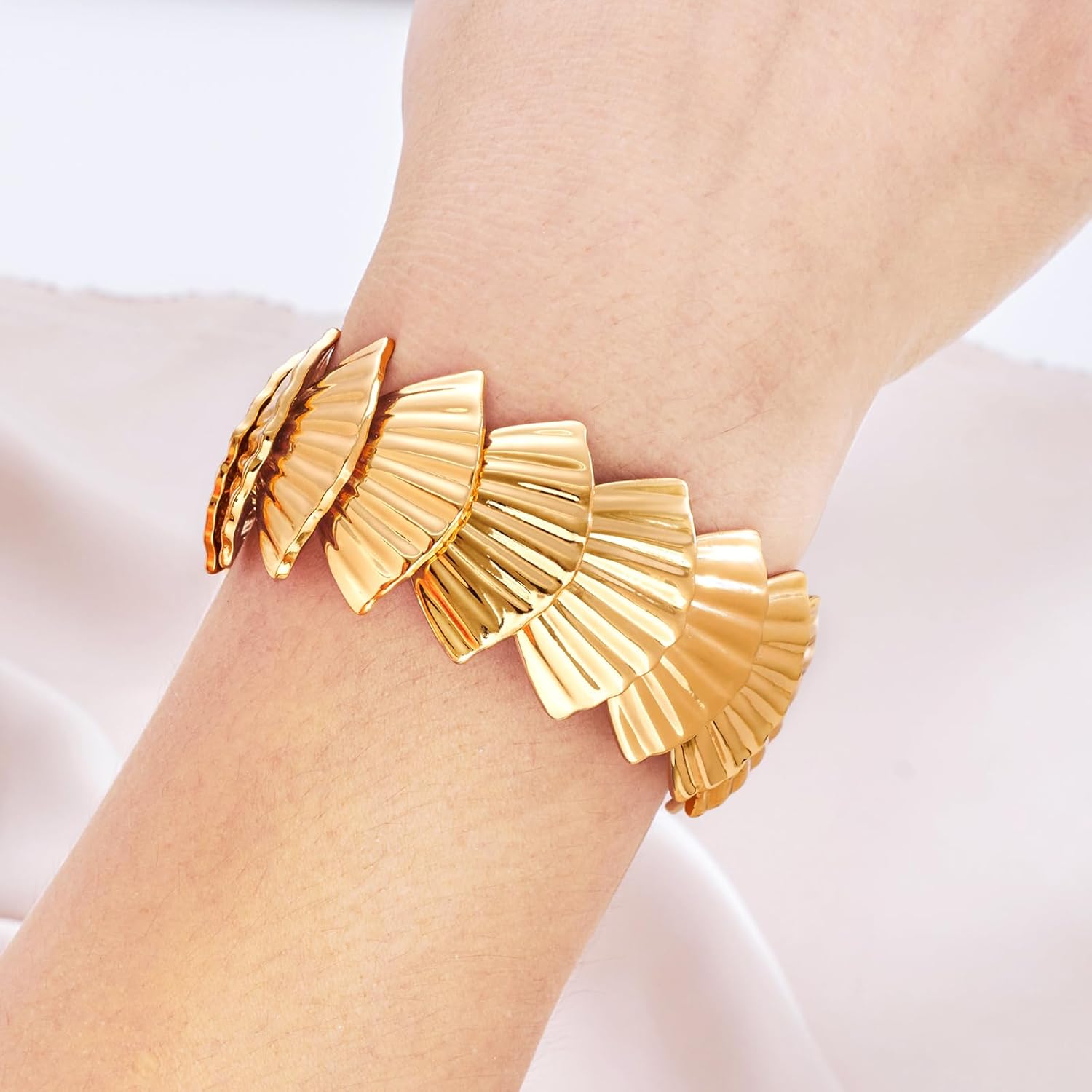 Gold Plated Bangle Bracelets for Women Brass Chain Hinge Cuff Bangles Fashion Chunky Elastic Bracelet - Image 2