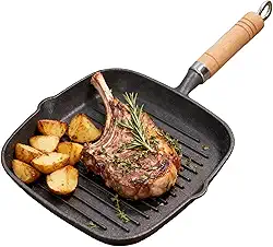 Frigideira quadrada de ferro fundido com bicos e cabo de madeira, grelha interna perfeita para bifes, hambúrgueres, vegetais – Funciona em fogões a gás e indução, superfície naturalmente antiaderente