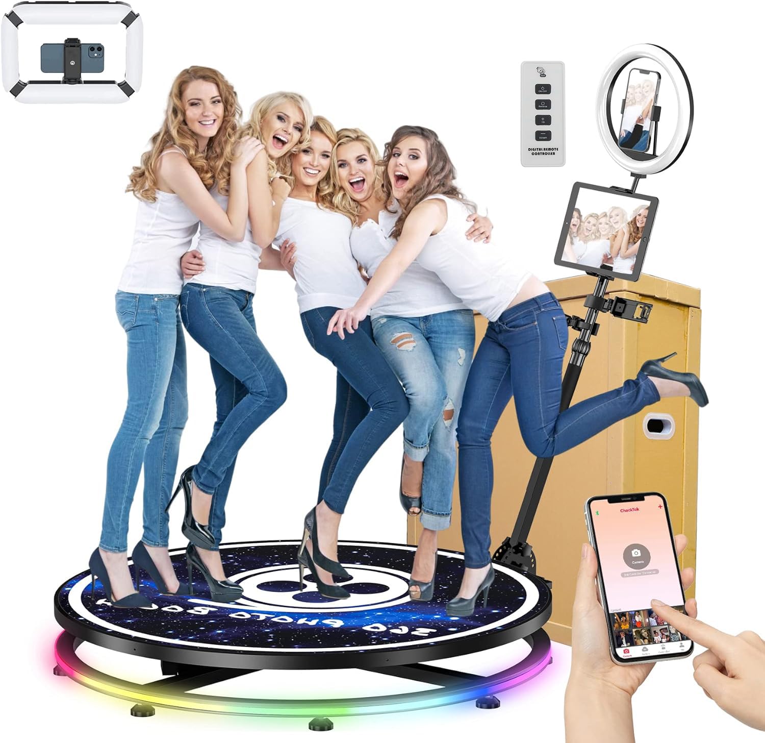 YCKJNB 360 Photo Booth 45.3" Machine with Honeycomb Box,7 People Stand,Free Custom Logo with Extra Replacement Accessories,Software APP Control,