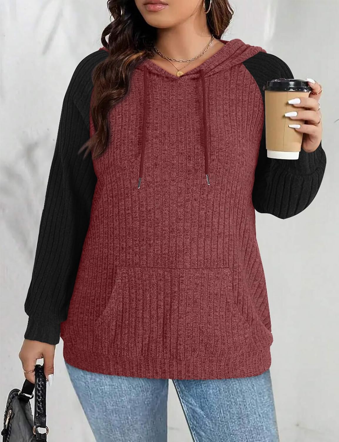 Koscacy Womens Plus Size Hoodie Sweaters Lightweight Color Block Raglan Sleeve Pullover Tops