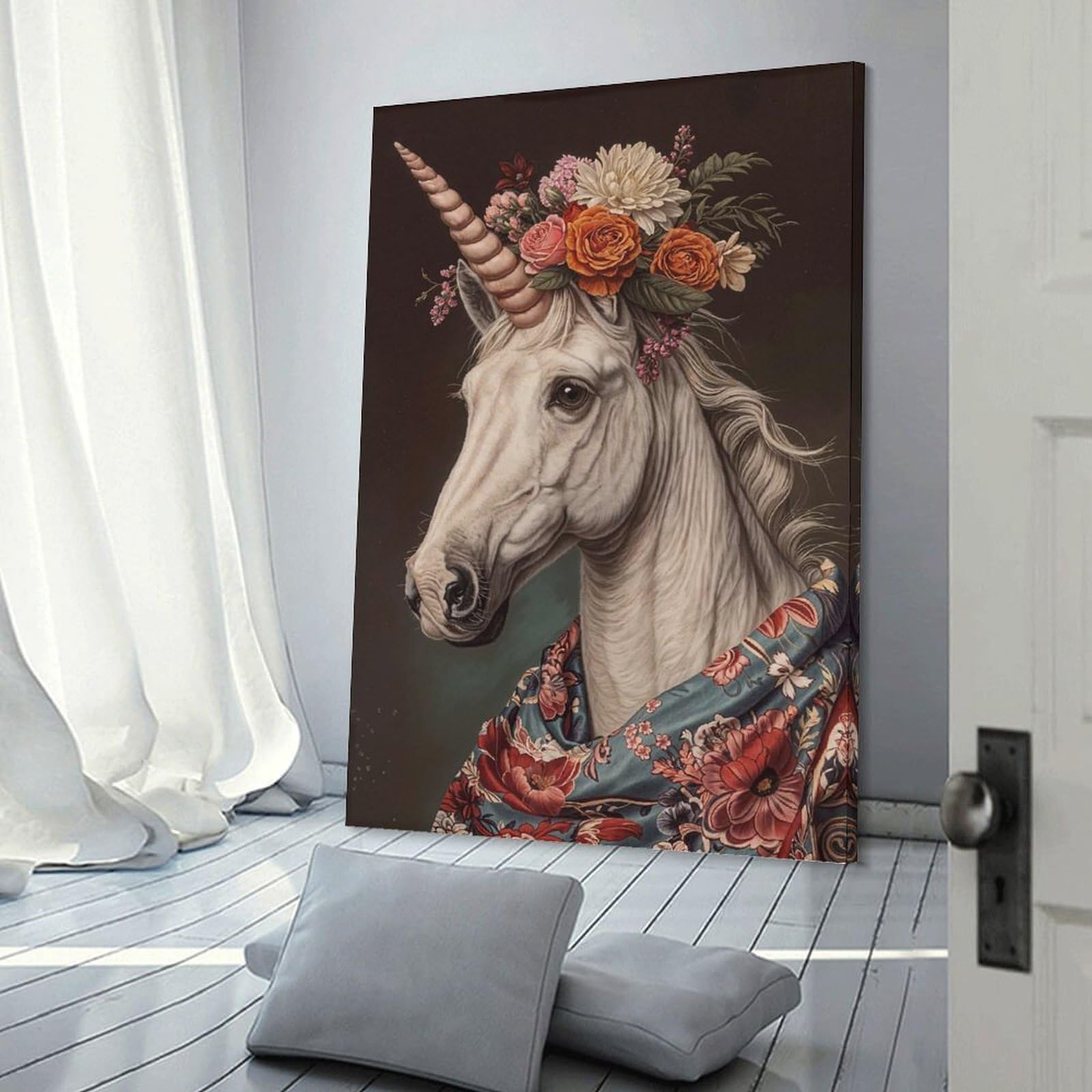Junmoney Canvas Wall Decor Unicorn with Flowers, 24x36inch(60x90cm), for Living Room, Bedroom, Office Or Hallway, Decorative Artwork with Broad Appeal