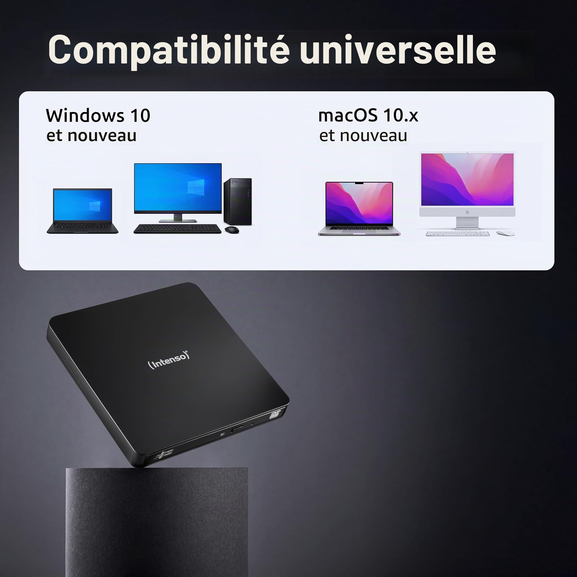 Intenso Lecteur CD/DVD Externe Graveur Externe EOD 400D Slim USB 3.2 pour Ordinateur Portable Desktop PC iMac MacBook Windows MacOS + Logiciel de Gravure Gratuit Ashampoo Burning Studio Noir