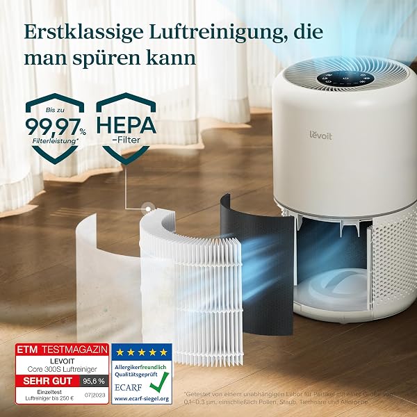 LEVOIT Air Purifier Allergy Sufferers with H13 HEPA Air Filter Against 99.97% of Mould Dust Pollen, Air Quality Feedback and Auto Mode, CADR 195m³/h for Smoking Room, Air Purifier 22dB Sleep Mode Timer - 3