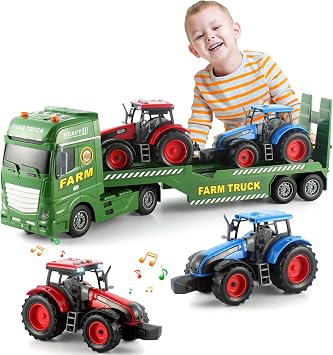 25" Semi Truck Farmer Truck Trailer Friction Powered Vehicles, 3 in 1 Includes 2 Farmer Tractor Push & Go Farming Toys Playset for Boys Kids Toddlers Age 3+