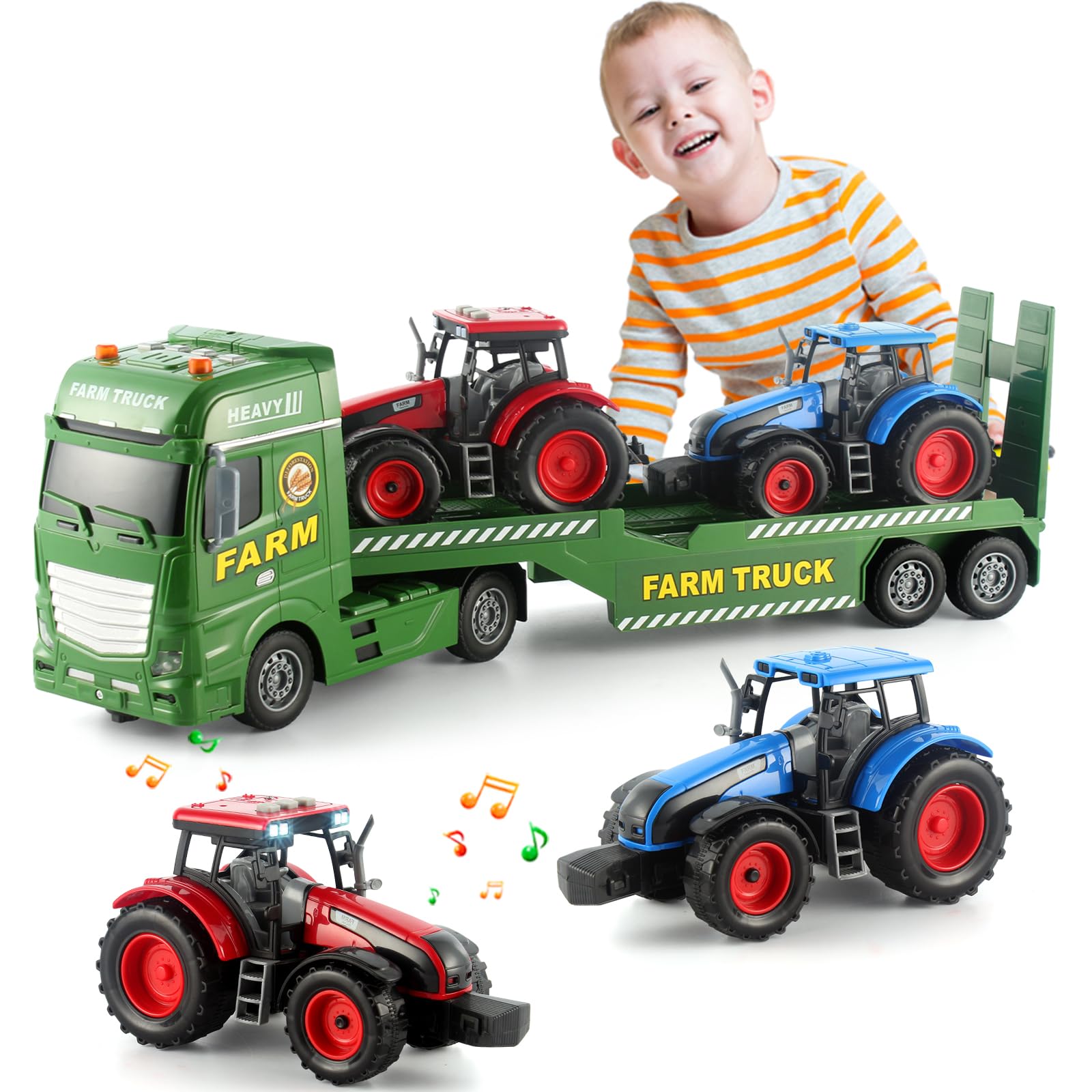 ANJARU 25" Semi Truck Farmer Truck Trailer Friction Powered Vehicles, 3 in 1 Includes 2 Farmer Tractor Push & Go Farming Toys Playset for Boys Kids