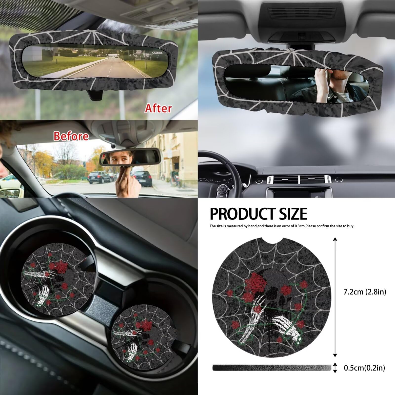 Set di coprisedili per auto, con stampa di ragnateli, anteriore e posteriore, coprivolante, leva del cambio + copri freno a mano, cuscino per bracciolo, cuscinetti per cinture di
