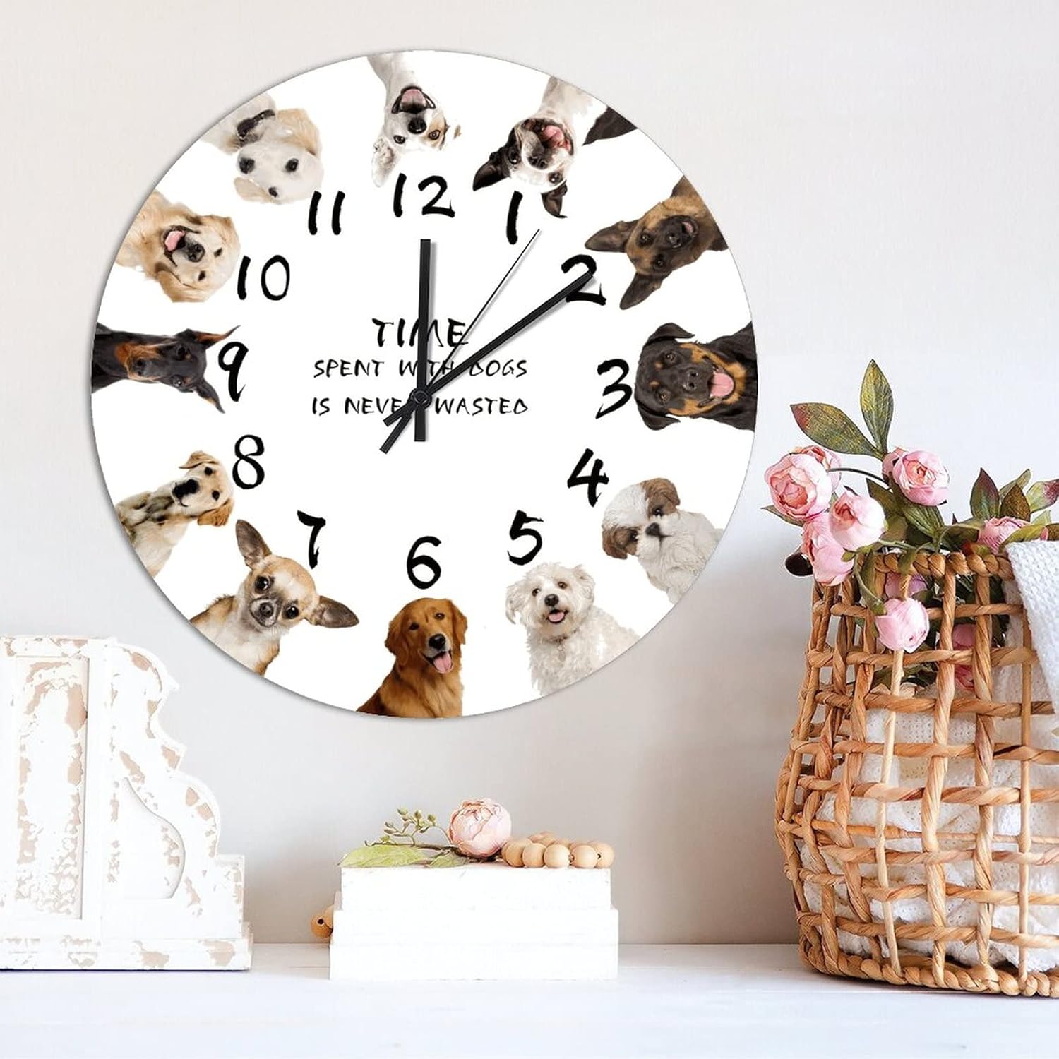 Vintage Round Wood Clock Time Spent with Dogs is Never Wasted Farmhouse Wooden Wall Clock 12 Inch Silent Non-Ticking Battery Operated Clock for Living Room Office Wall Art for Home Decor