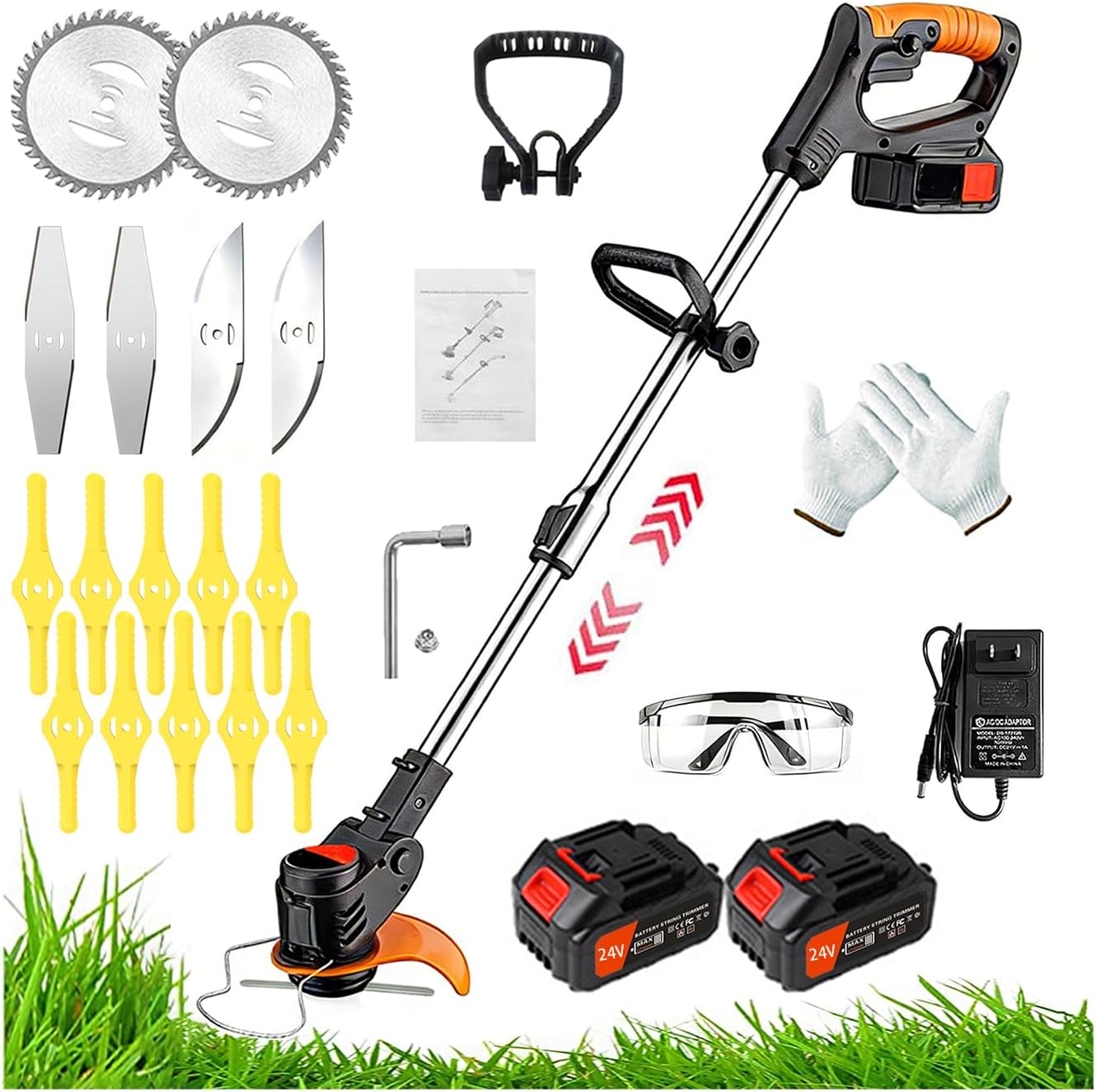 Weed Wacker, String Trimmers 24V Lawn Trimmer Grass Edger with Two 2.0Ah Li-Ion Battery Powered & 3 Cutting Blade Types Compact Power Tool for Lawn Yard Work