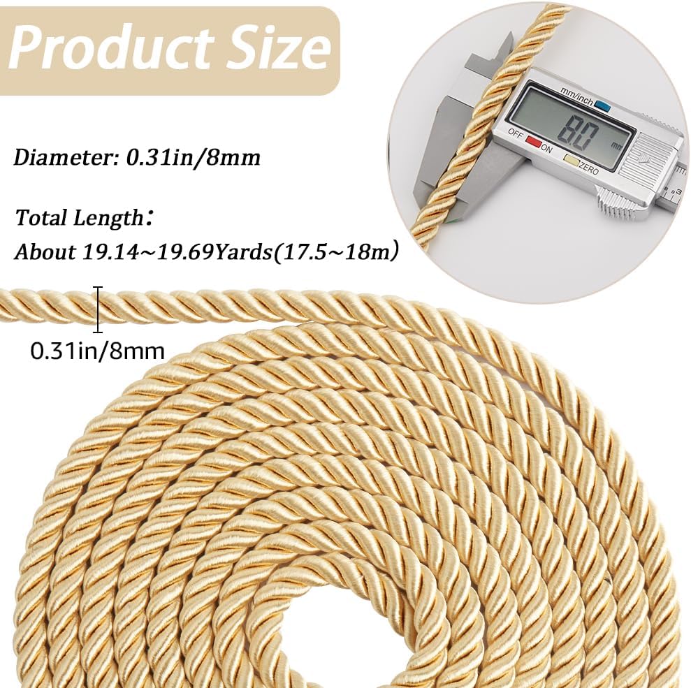 GORGECRAFT 20 Yards Cord Rope 8mm/0.31" Polyester Twist Lip Twine Decorative Braided Cording Thread String Ribbon for Home Decor Curtain Tieback Upholstery Honor Cord Sewing Crafting Gold