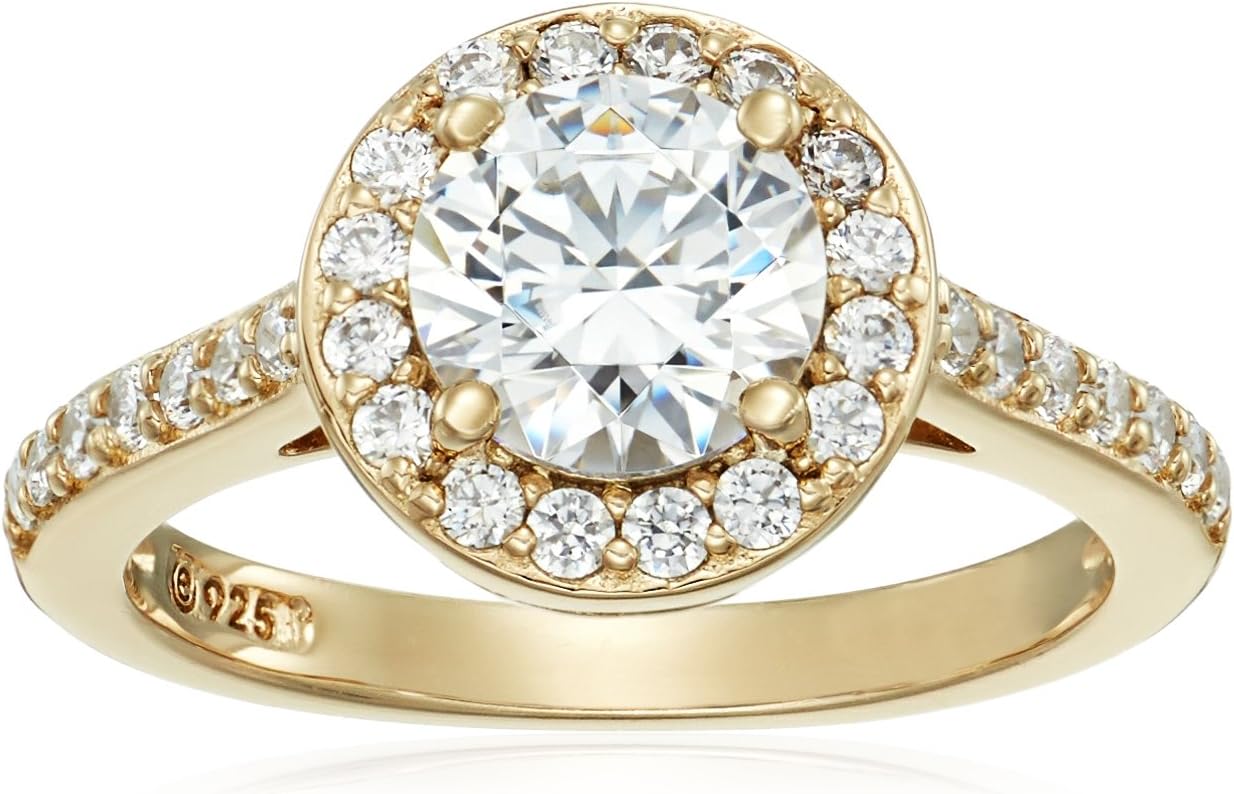 Amazon Essentials Platinum or Gold Plated Sterling Silver Round Halo Ring Made with Infinite Elements Zirconia