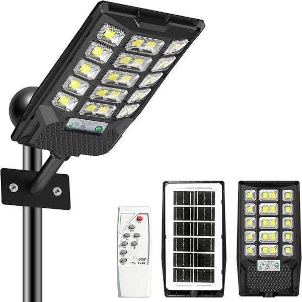 CREATESTAR Lampione Solare Led Esterno 500W, IP66 Impermeabile Faretto Stradale 6500K Lampada Stradale Solare con Sensore di Movimento Telecomando, Faro led esterno per Garage Terrazza Giardino Strada - 1