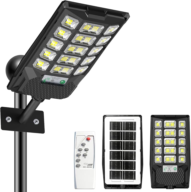 CREATESTAR Lampione Solare Led Esterno 500W, IP66 Impermeabile Faretto Stradale 6500K Lampada Stradale Solare con Sensore di Movimento Telecomando, Faro led esterno per Garage Terrazza Giardino Strada