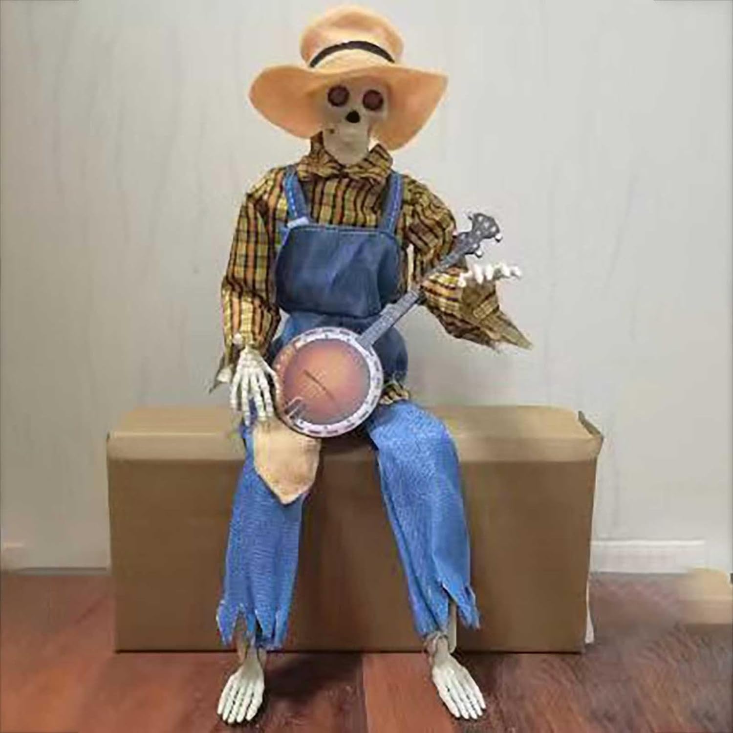 Color Red and yellow plaid Halloween Banjo Playing Skeletons - Dueling Poseable Skeletons with Light, Red & Yellow