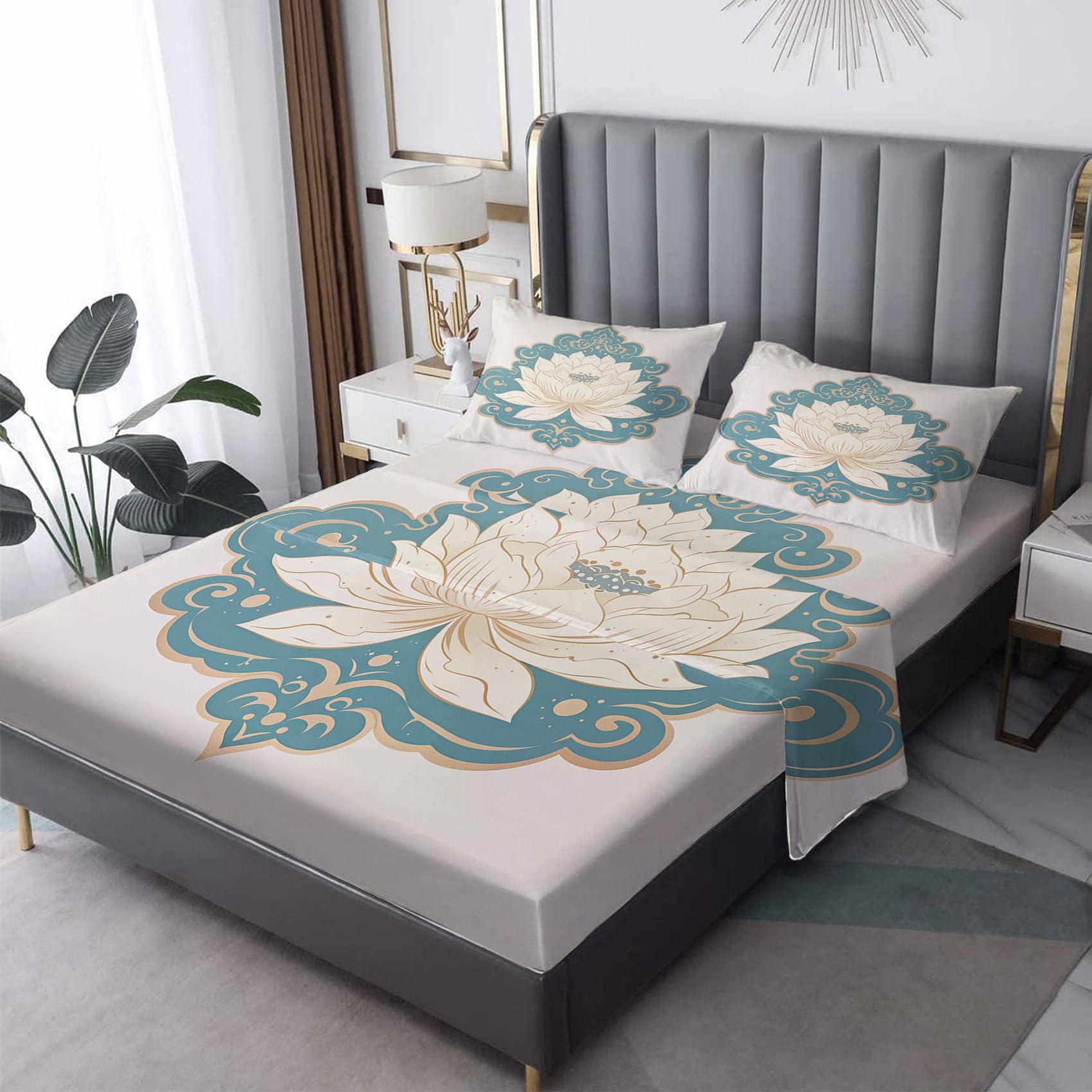 Zvynqour - Lotus Flower Sheet Set Twin Size, Floral Bed Sheets, 16" Deep Fitted Sheets, Flat Sheets & Pillowcases, 3 Piece Set, Clothing