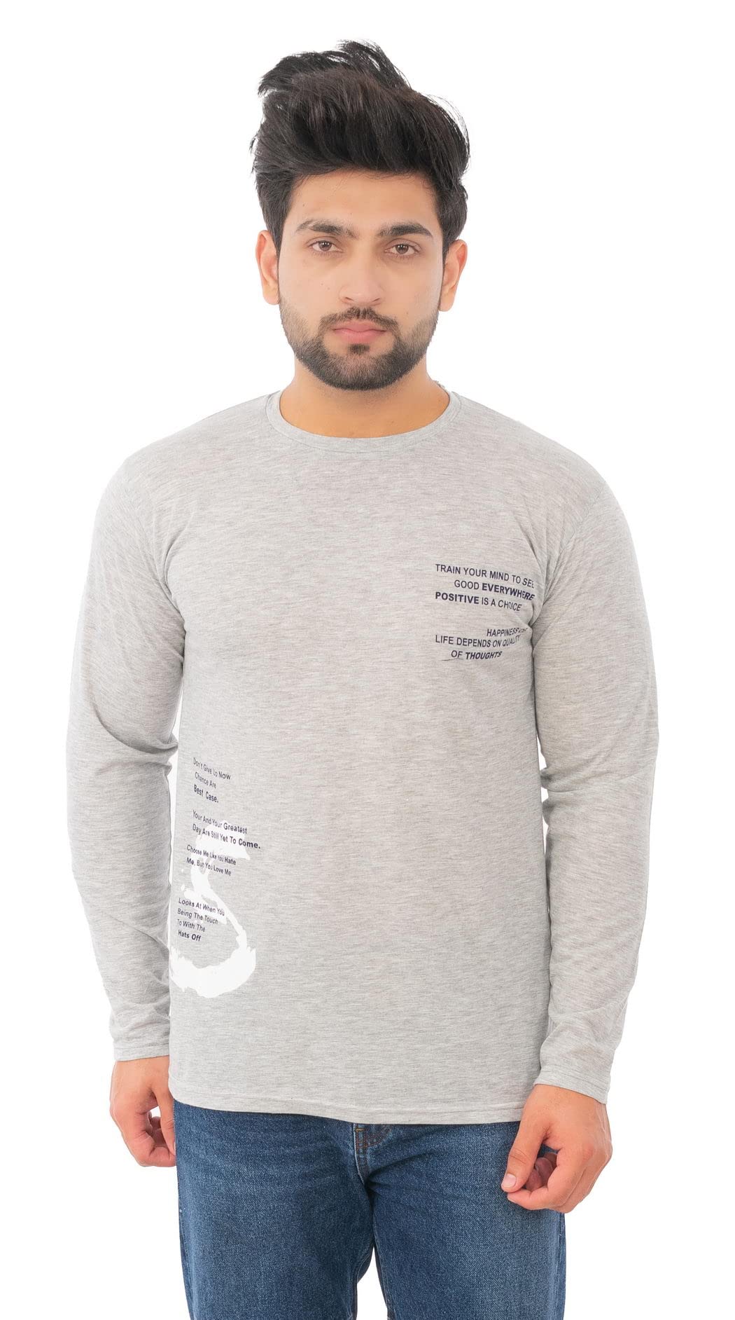 SKYBENRound Neck Sword Bold Printed Full Sleeves Polycotton T Shirt in Milange Grey