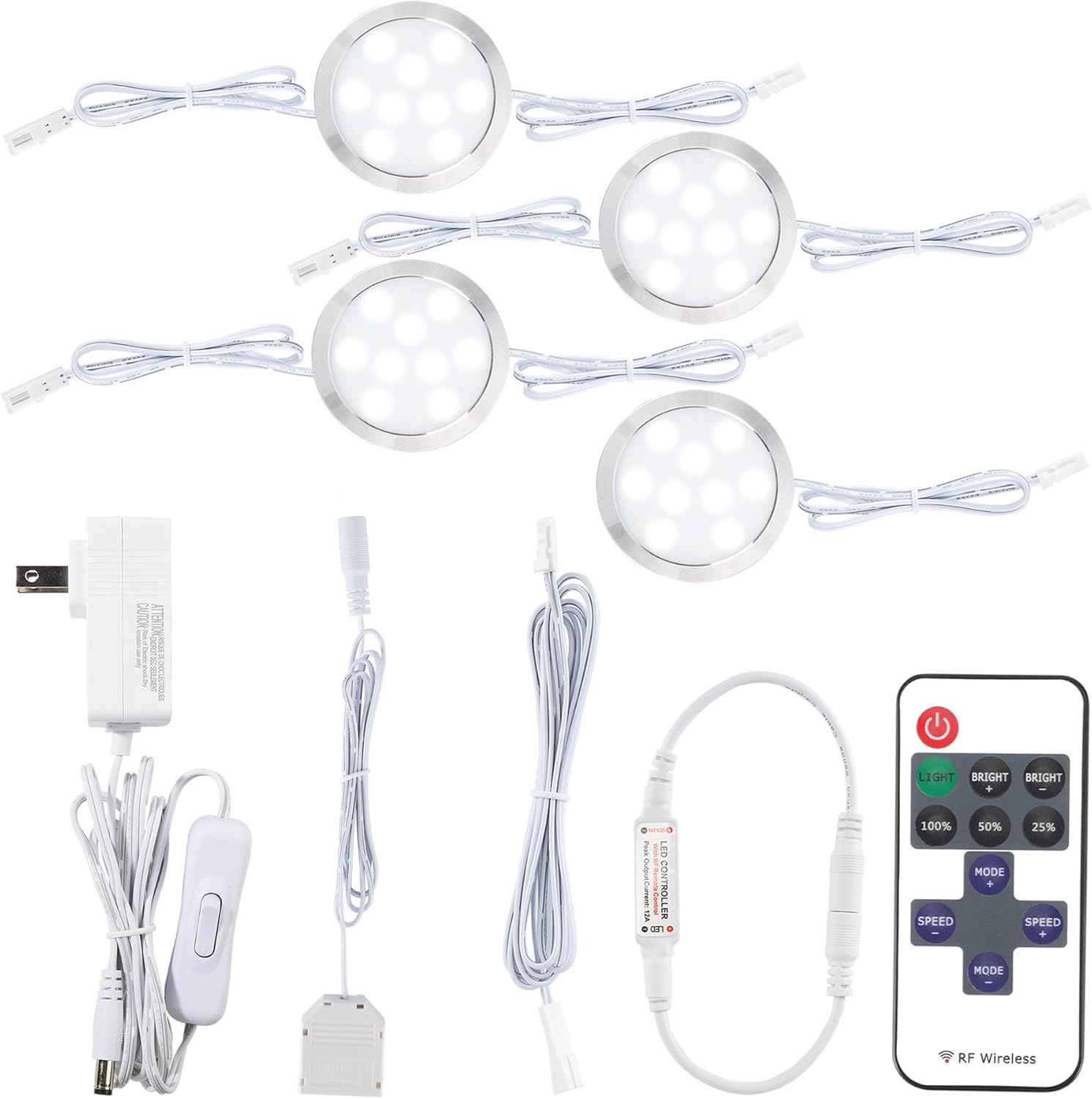 LED Closet Lights Kit, Linkable Wired Puck Light, Wireless Remote Control Dimmable, 110V to 12V Wall Plug in Small Round Kitchen Under Cabinet Lighting Fixture, 4 Lights, Cool White