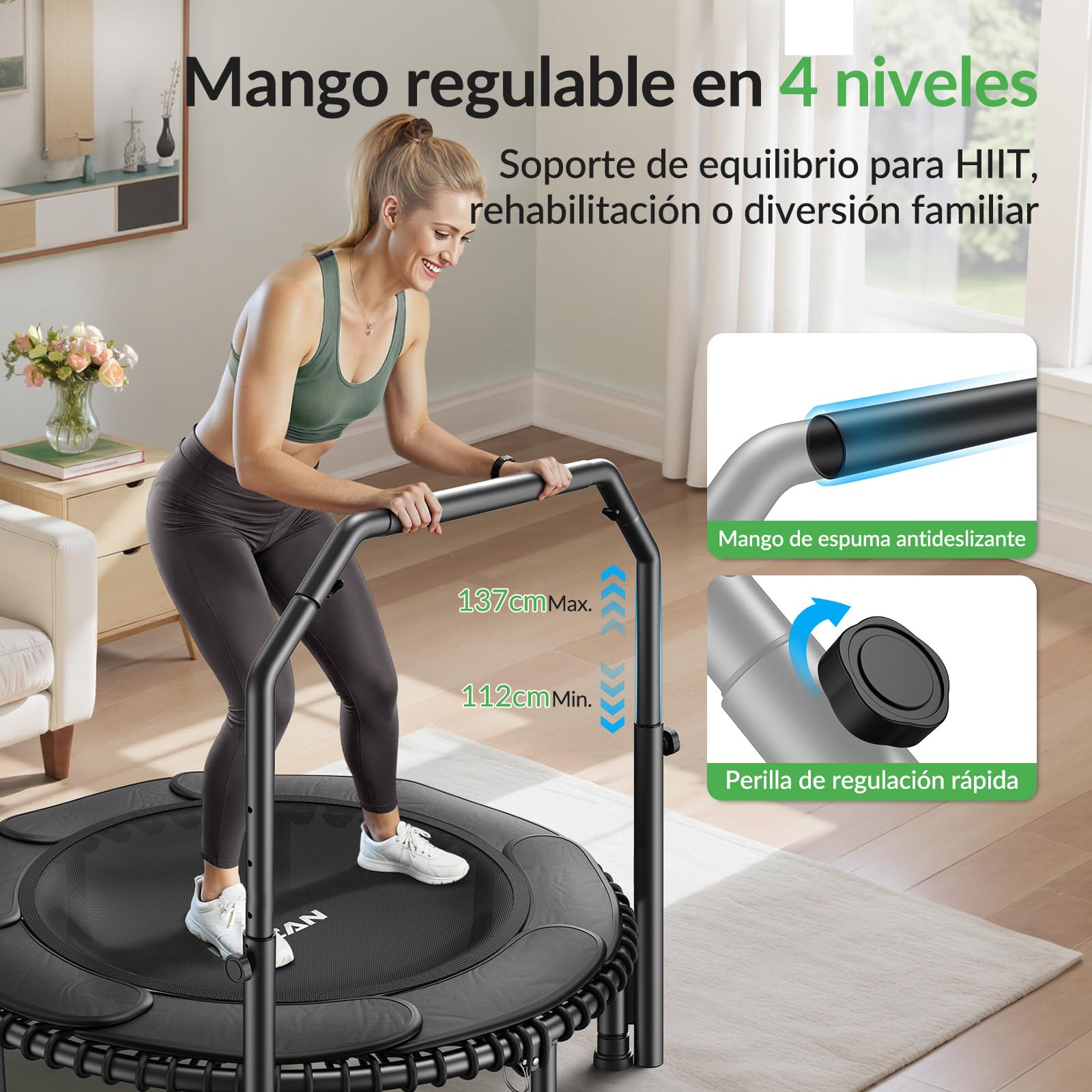 Cama elástica BCAN de 102/122 cm para Adultos, Capacidad de Carga de 204/250 kg, con Cuerdas elásticas, Manillar Ajustable, Estable, silenciosa, para Uso Interior/Exterior.
