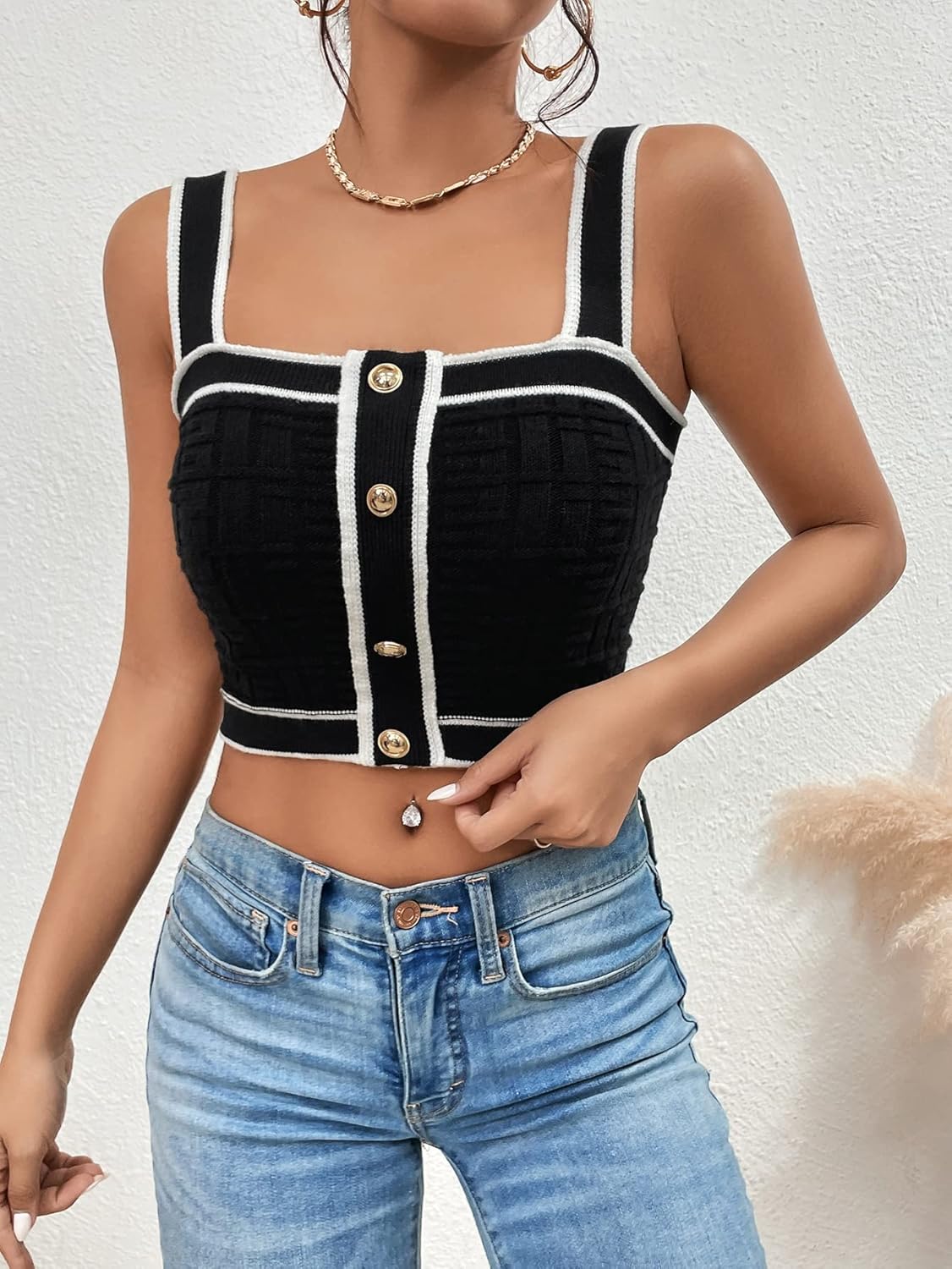 GORGLITTER Women's Old Money Clothes Knit Sweater Vest Button Front Crop Tank Tops Dressy Square Neck Business Casual - Image 7