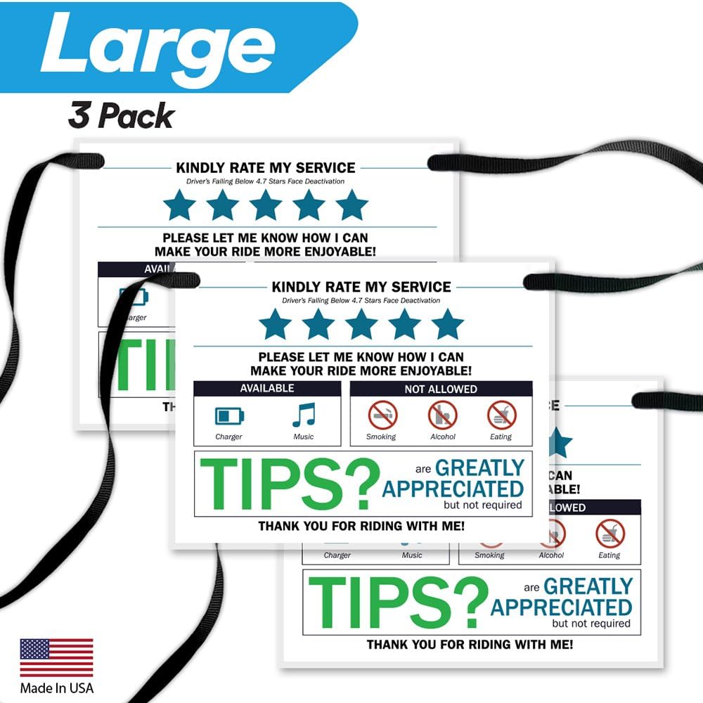 Evolve Skins Rating Tip Accessories Driver Sign - (Set of 3) - 8.5" x 6.5" - Thick Laminated Large Rate Me Sign - Premium Gift for Car Driver - Interior Headrest 5 Star Tipping Sign