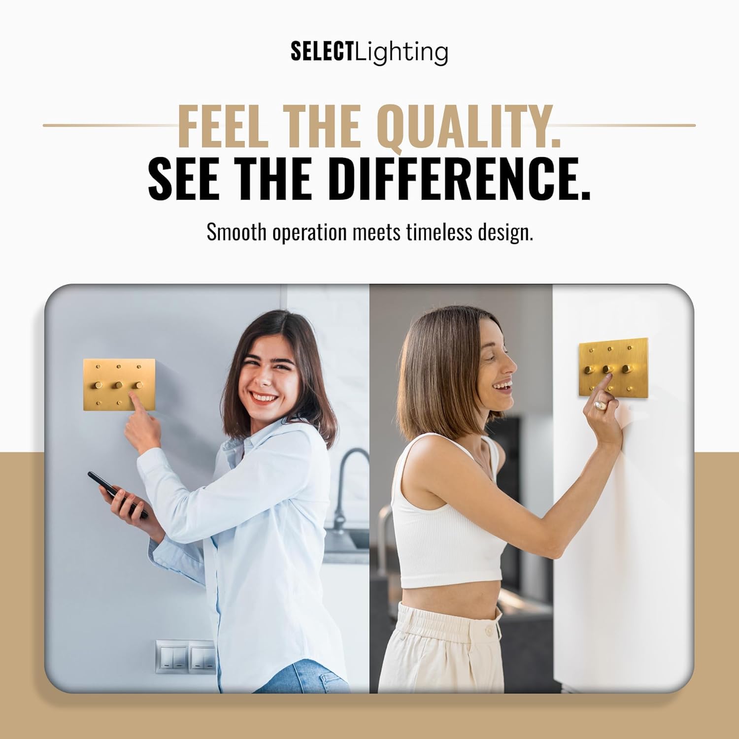 Select 3‑Gang Solid Brass Rotary Dimmer Switch, Satin Brass Finish, 120V 5A Wall Mount, TRIAC/Leading Edge 1/3‑Way LED Dimmer Module, UL Listed