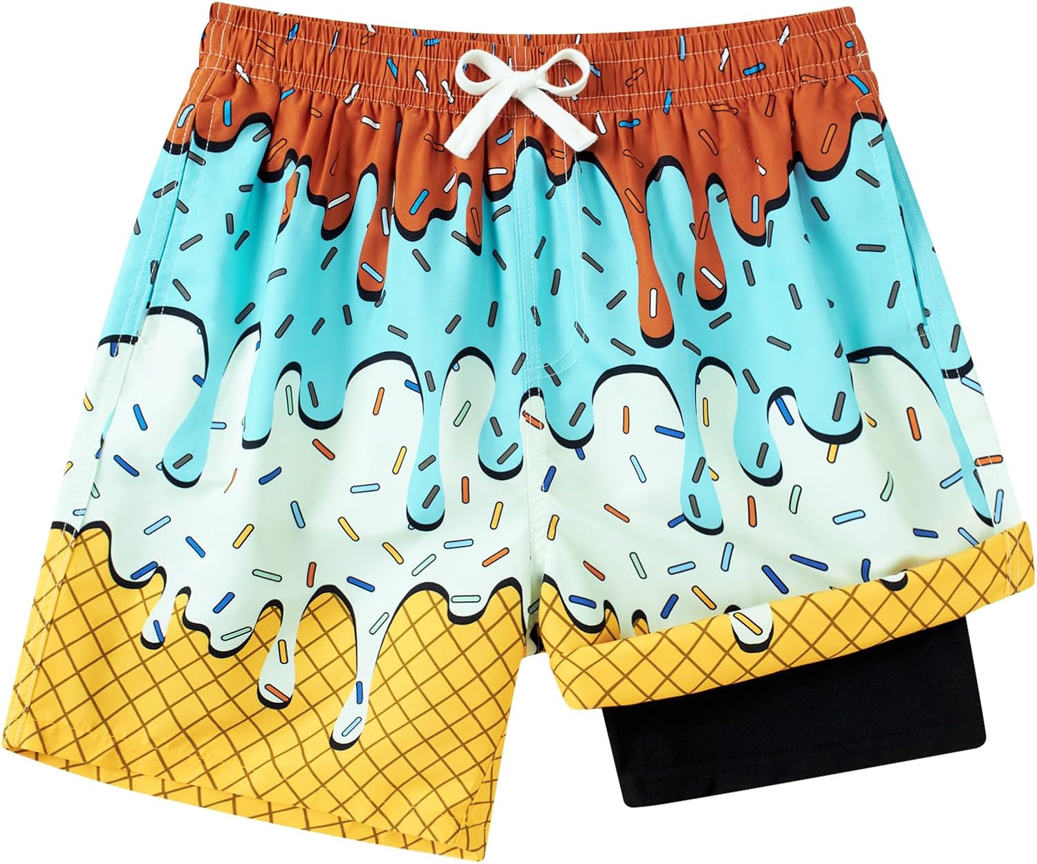 Boys Bathing Suits Swimwear Orange Blue Board Shorts 14/15/16 Years Kids Ice Cream Swim Trunks with Compression Liner Big Boys Swim Shorts