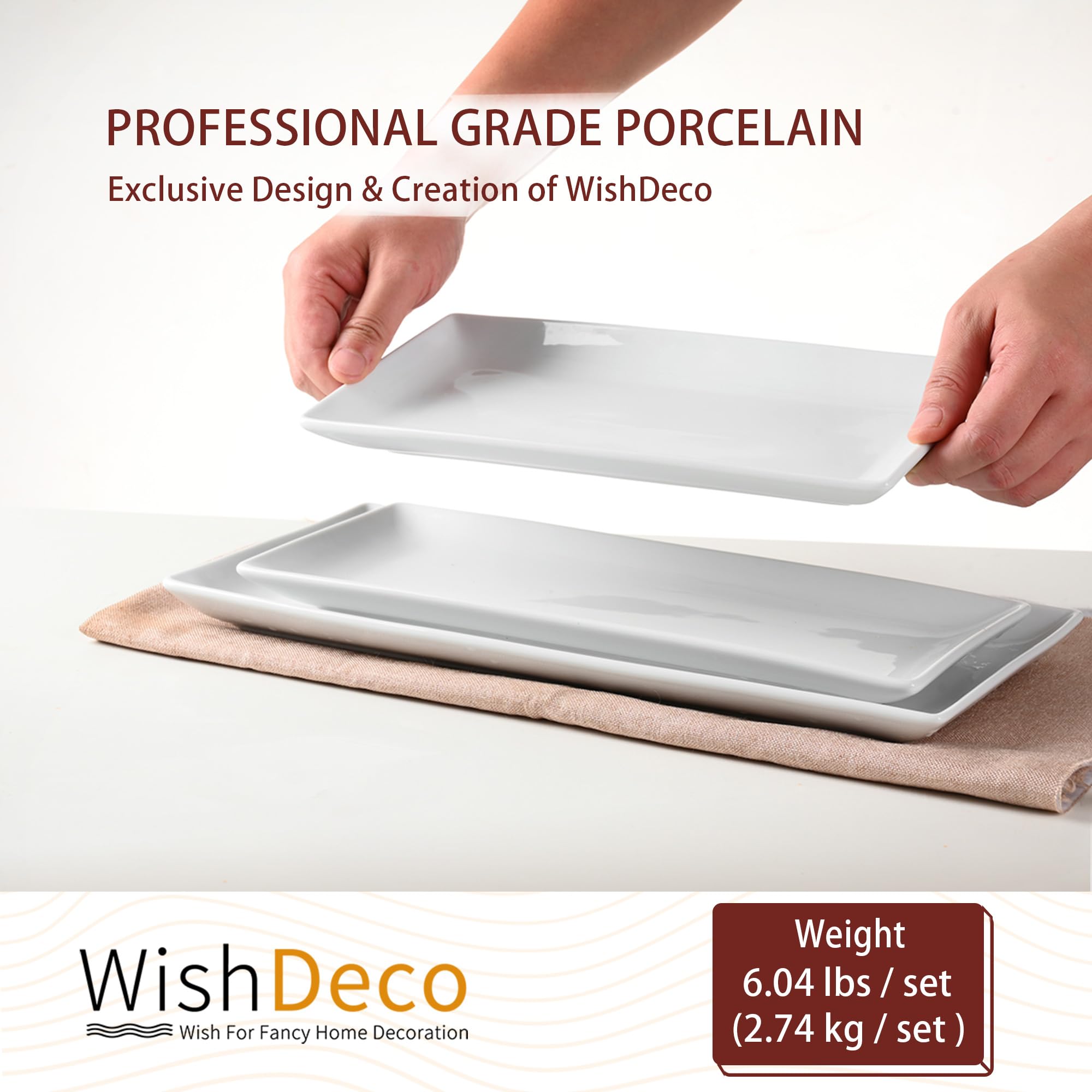 WishDeco Set di 3 piatti da portata in ceramica, piatti rettangolari bianchi da 40/35/30 cm, grandi vassoi da portata da 40/35/30,5 cm, piatti da portata in porcellana, piatti da portata per dessert
