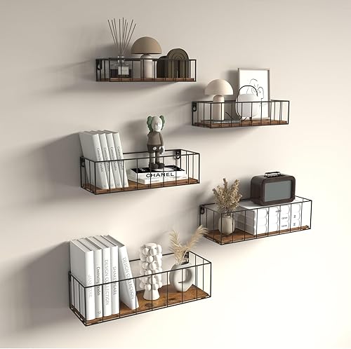 Miniatura 2 de CRUGLA Floating Shelves Wall Mounted Set of 5, Hanging Storage Wall Shelf with Rail for Bathroom, Bedroom, Living Room, Kitchen