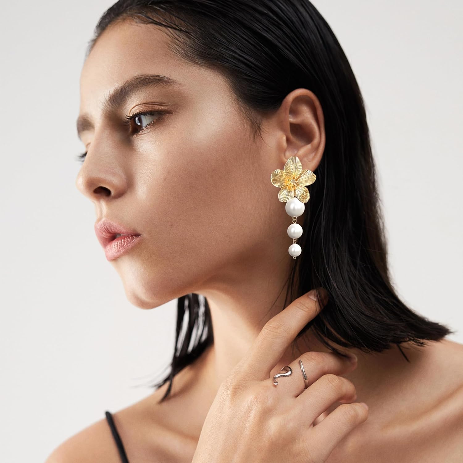 Floral Pearl Statement Earrings For Women Flower Large Stud Dangle Drop Earrings Boho - Image 4