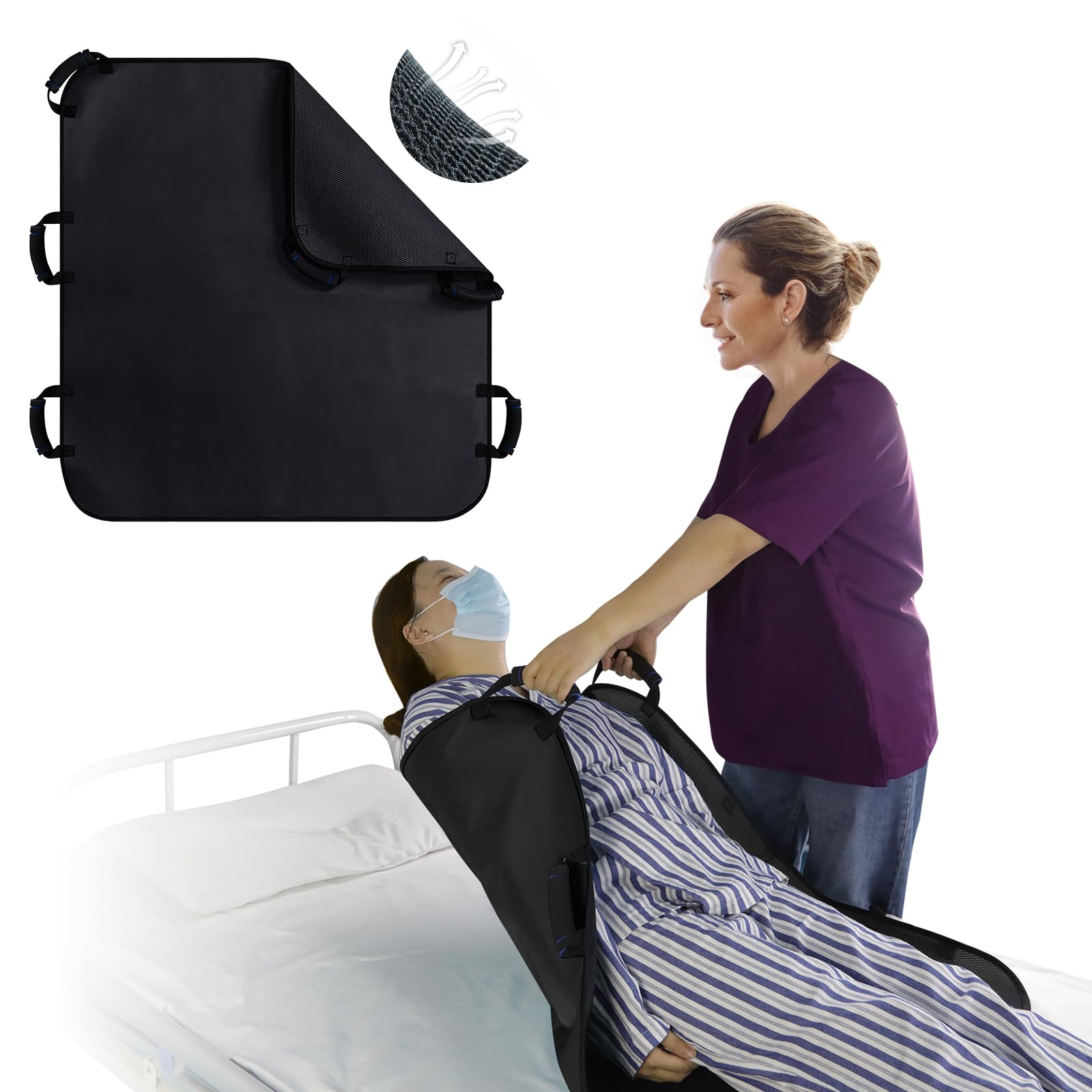 Almohadillas de cama de posicionamiento con asas, sábana de transferencia lavable de 34 x 36 pulgadas para ancianos, 6 asas, tabla de transferencia esencial para cuidadores, ayuda de movilidad