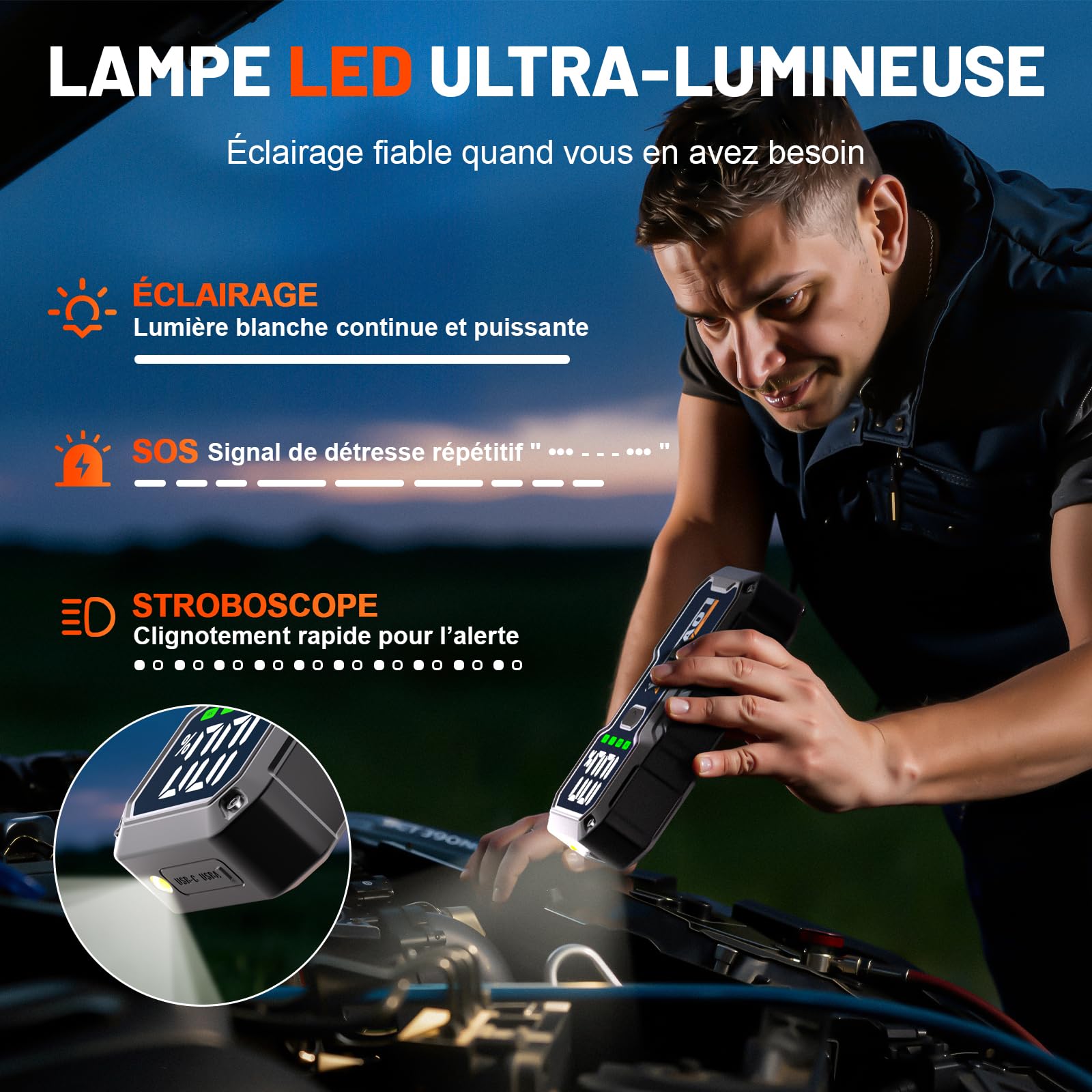 YDBAO Booster Batterie Voiture 8000A 12V Démarreur de Voiture Portable (Jusqu'à Toute Essence ou 10L Diesel) Jump Starter avec Pince Intelligente Écran LCD Lumière LED Protection Auto Moto SUV Camion