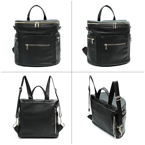 Miniatura 8 de MF Store - Bolsa de pañales, mochila de cuero para pañales con funda para laptop, cambiador, bolsa de toallitas, correas para cochecito y bolsillos