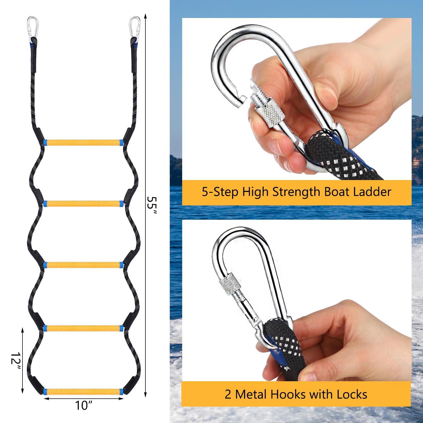 2 Pcs Boat Rope Ladder 5 Step Heavy Duty 440 Lbs Benin