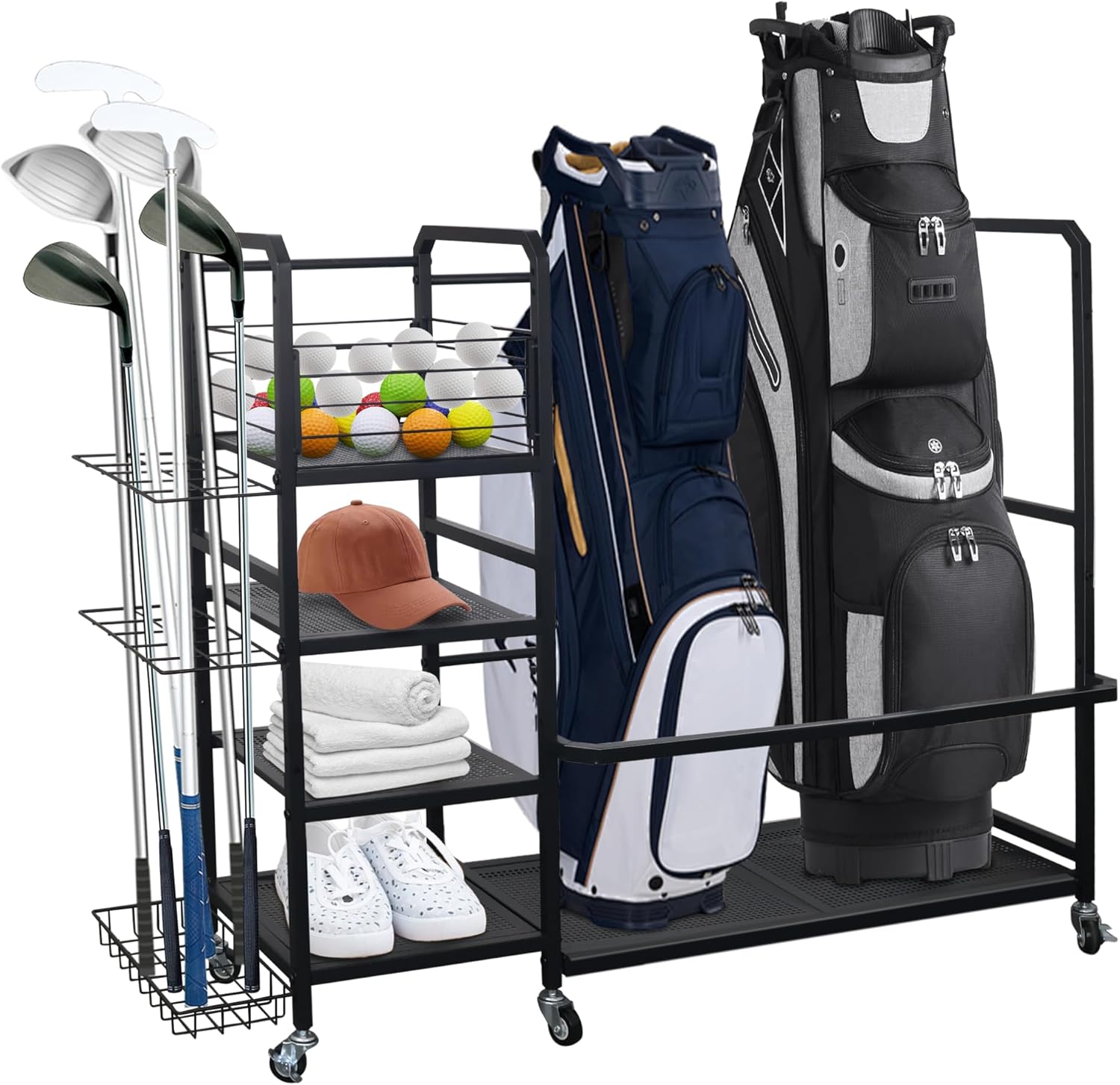 Golf Bag Storage Rack with Wheels, Golf Bag Organizer Fits 2 Bags and Store golf clubs, balls, shoes, and golf equipment accessories, Sturdy Golf Storage Rack for Home Garage Club Basement, Black