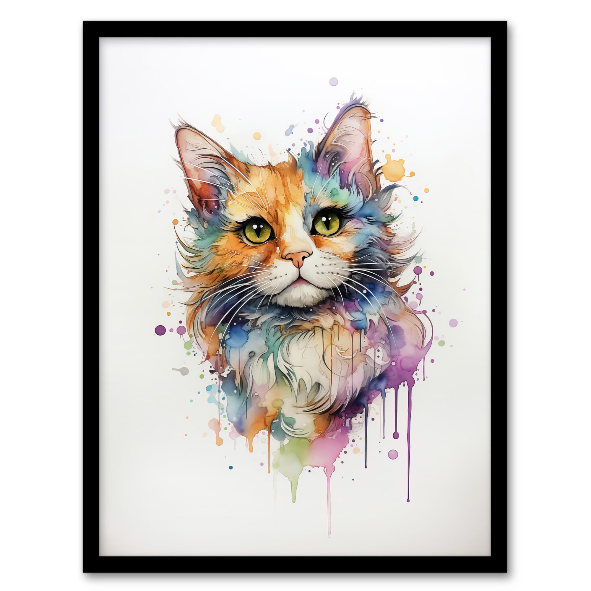Artery8 Reverse Calico Cat Lovers Gift Watercolour Pet Portrait Painting Artwork Artwork Framed Wall Art Print A4