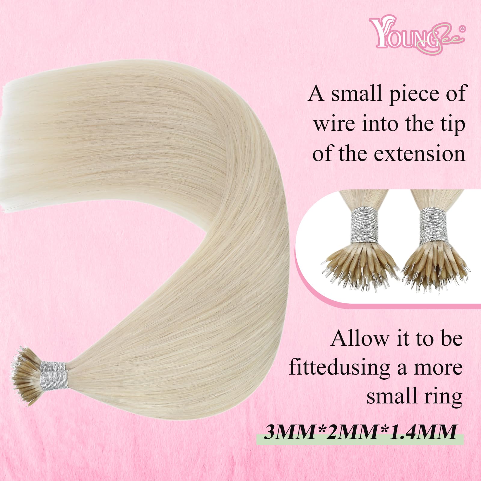 YoungSee Nano Beads Hair Extensions Blonde 22inch Nano Hair Extensions Real Human Hair Platinum Blonde Nano Ring Extensions White Blonde for Women Long Straight Cold Fusion 50s 50g - Image 4