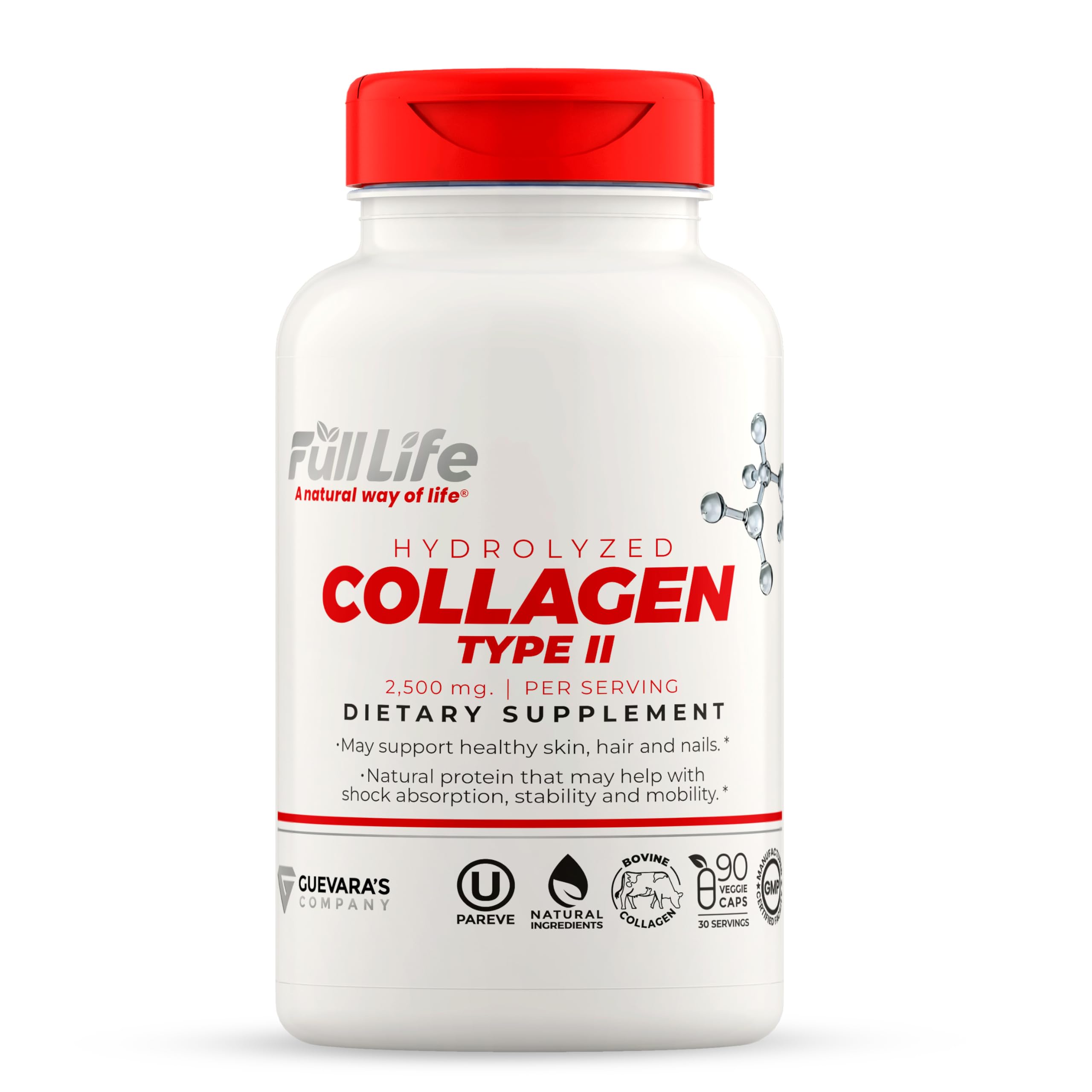 Full Life Hydrolyzed Collagen Supplements - Bovine Collagen Pills for Women and Men - Kosher Collagen Capsules, Gluten-Free - 90 Veggie Capsules 2,500mg