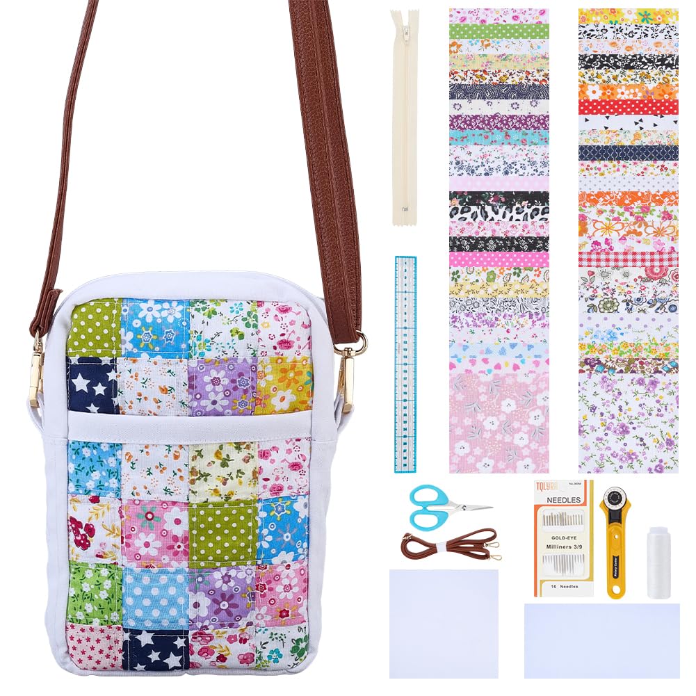 WEBEEDY Kit Quilt Tote Bag pour Adultes Débutants Kit Petit Sac Rectangulaire avec Tutoriel Vidéo, 50 Styles de Tissus, Outils de Quilting pour Bricolage et Couture