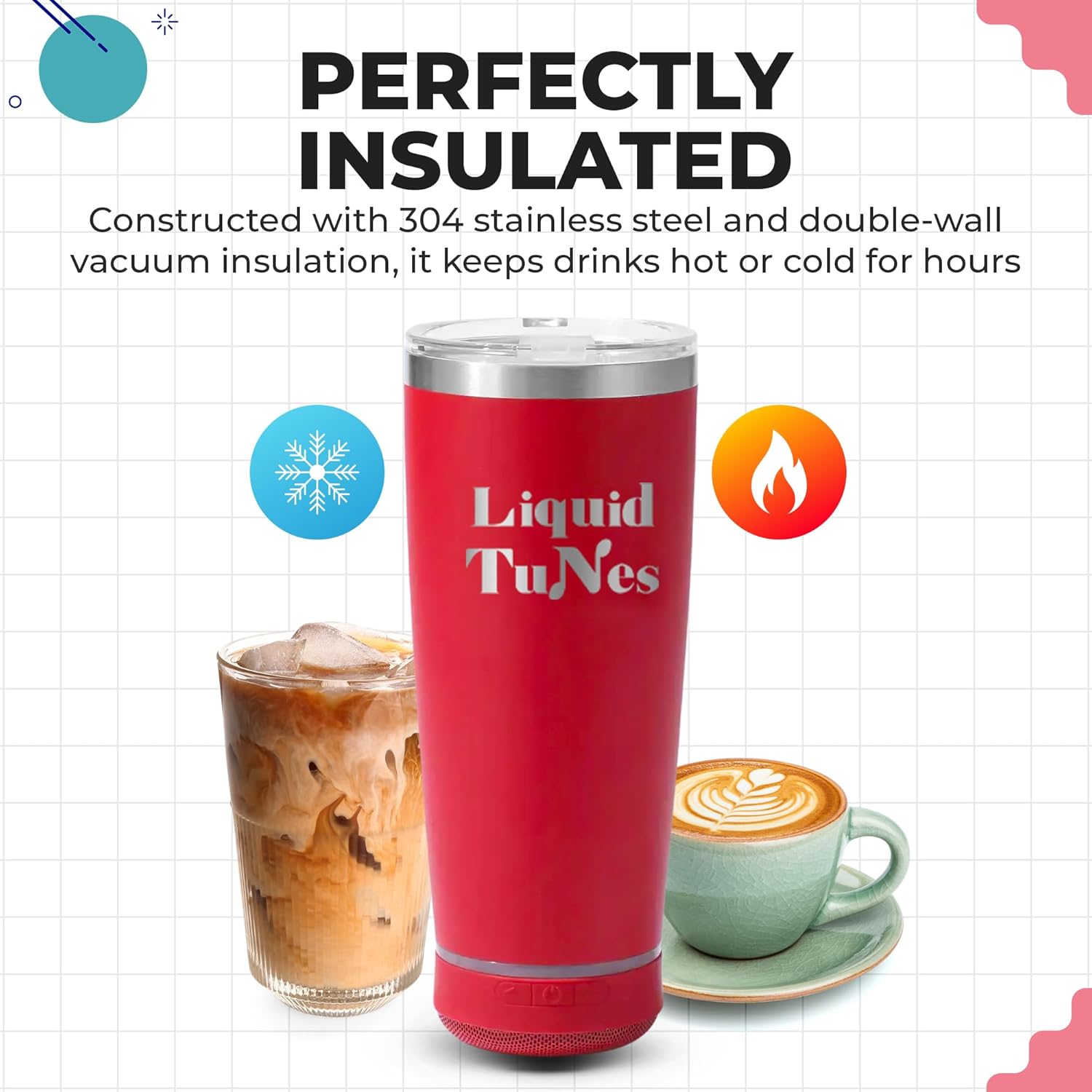 Liquid TuNes Stainless Steel Tumbler with Wireless Music Speaker, 20 oz Tumbler with Double-Wall Vacuum Insulation and Detachable Speaker (Red) - Image 4